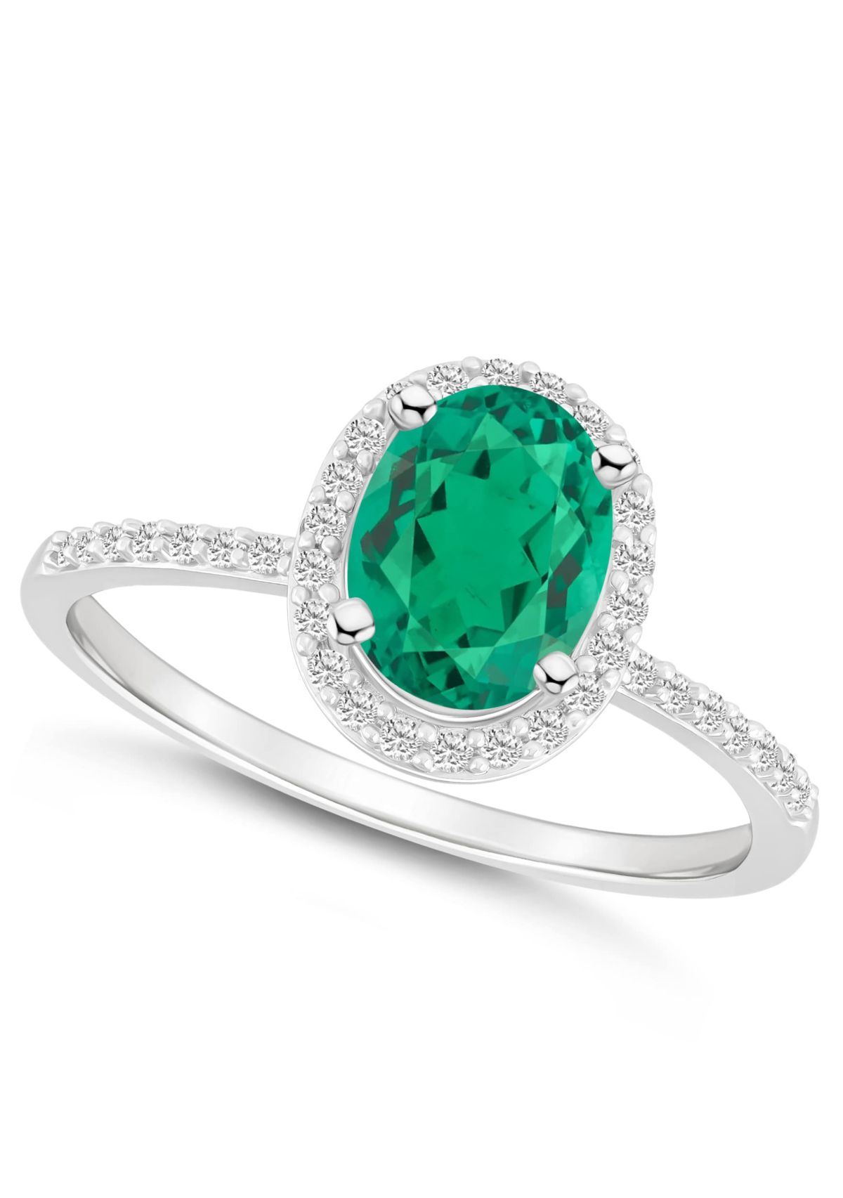 Lab Created 10K White Gold 8x6mm Oval Created Emerald & Created White Sapphire Halo Ring