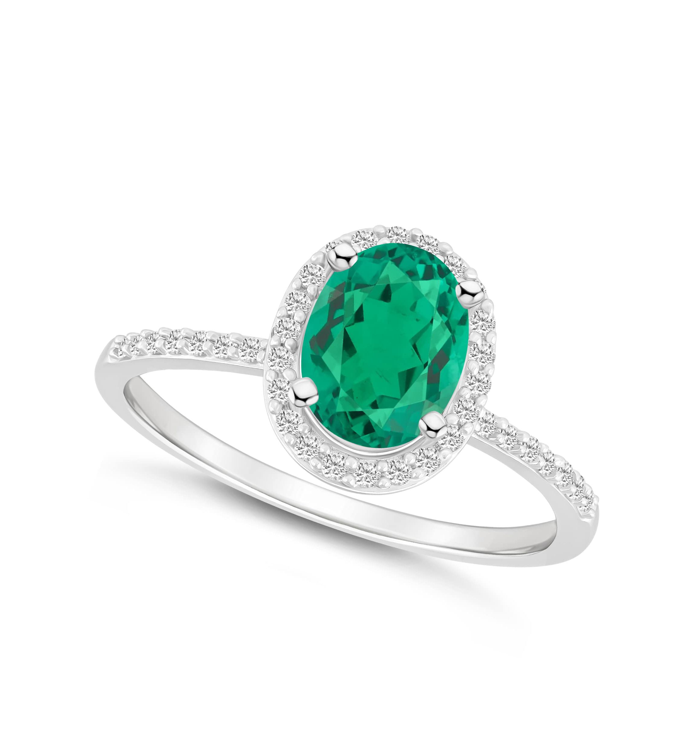 Lab Created 10K White Gold 8x6mm Oval Created Emerald & Created White Sapphire Halo Ring