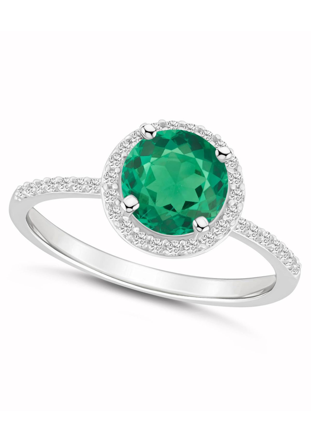 Lab Created 10K White Gold 7mm Round Created Emerald & Created White Sapphire Halo Ring
