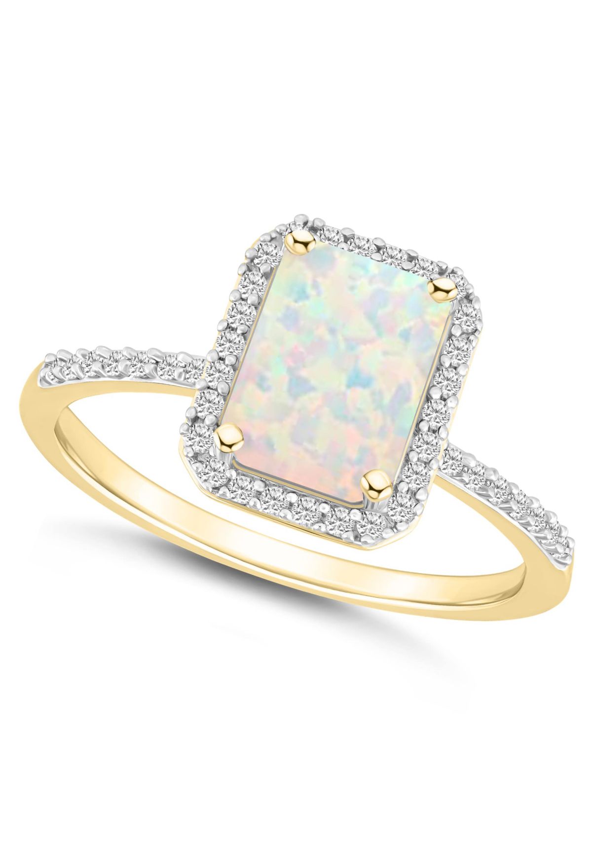 Lab Created 10K Yellow Gold 8x6mm Emerald Cut Created Opal & Created White Sapphire Halo Ring