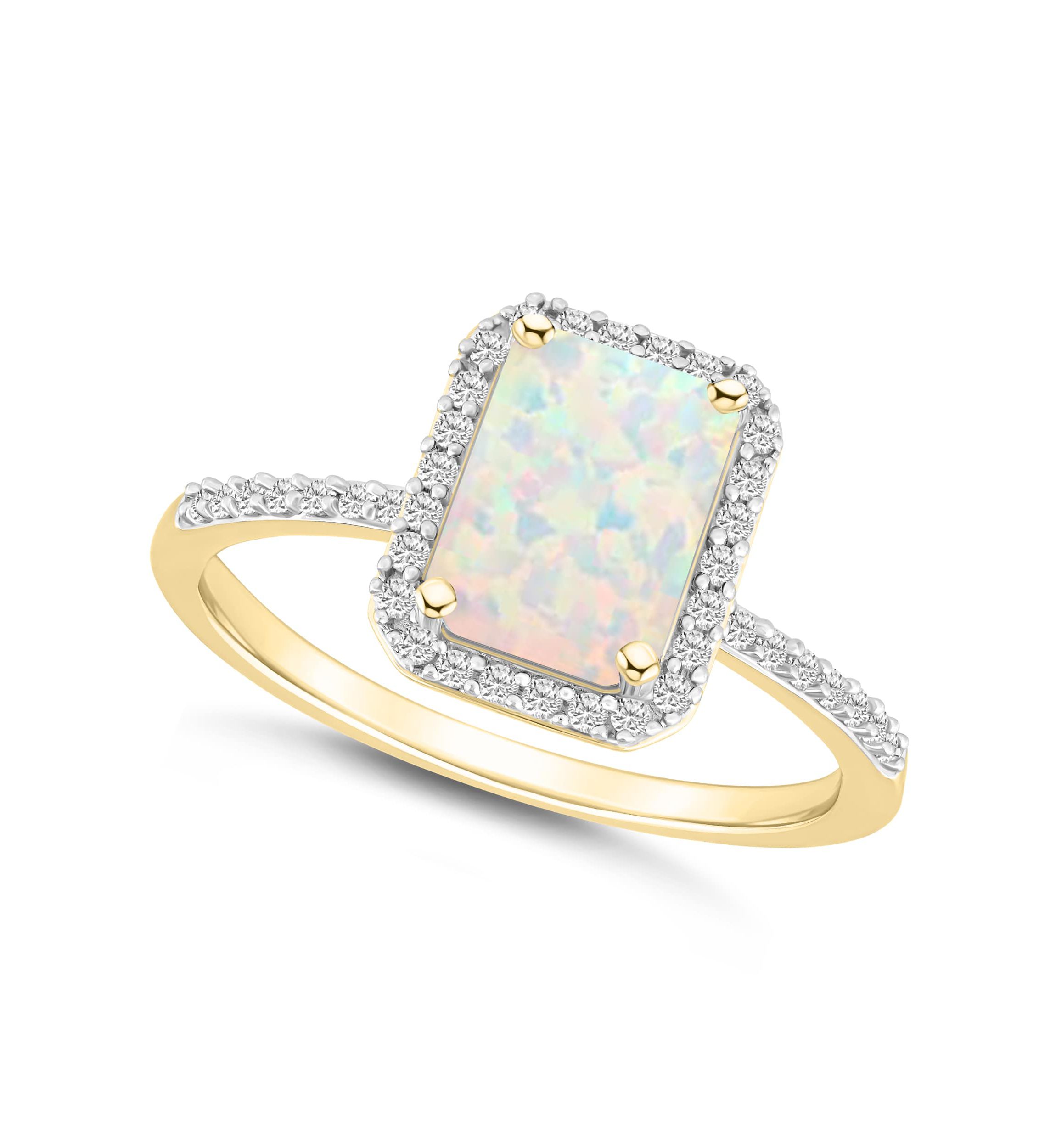 Lab Created 10K Yellow Gold 8x6mm Emerald Cut Created Opal & Created White Sapphire Halo Ring