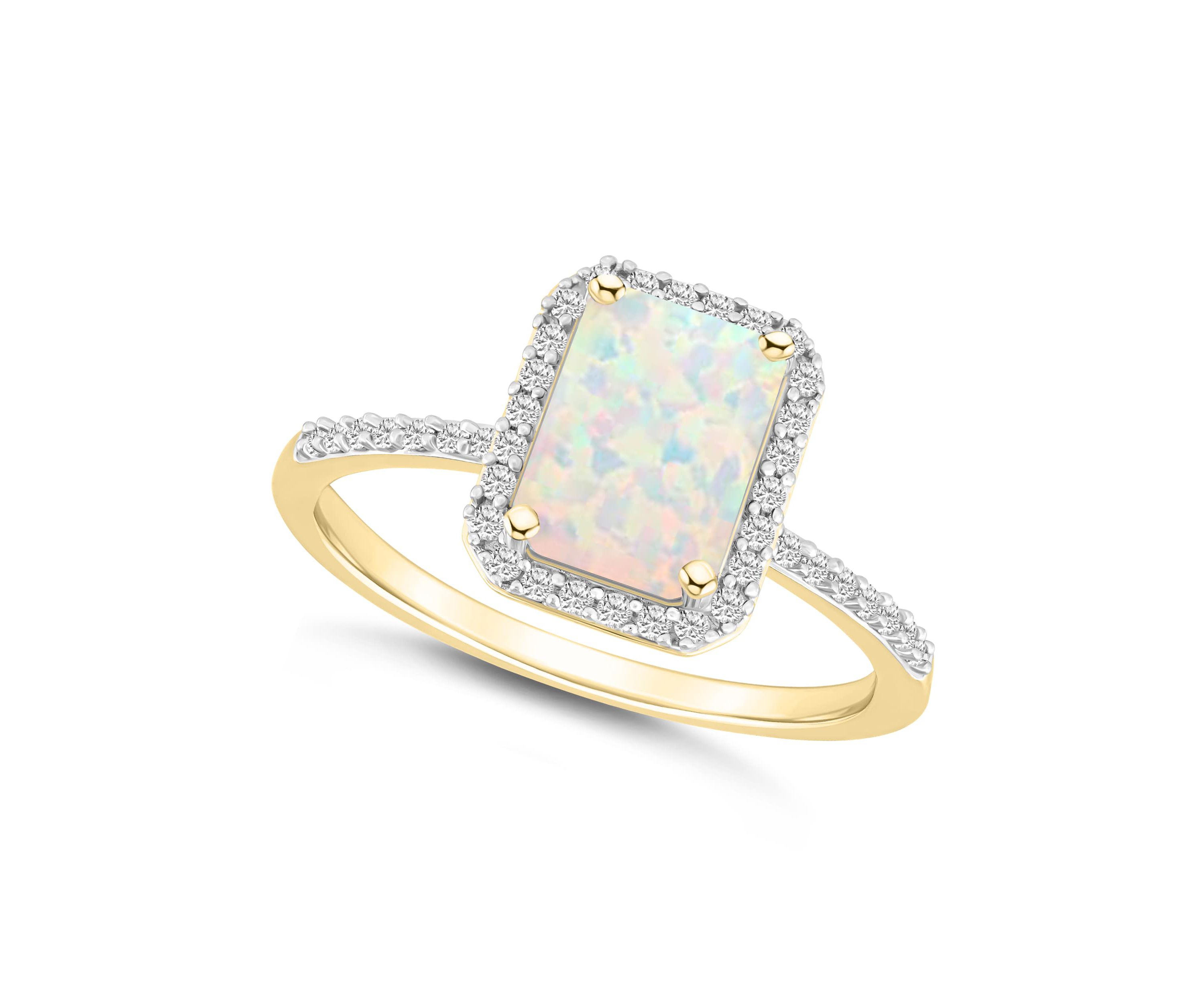 Lab Created 10K Yellow Gold 8x6mm Emerald Cut Created Opal & Created White Sapphire Halo Ring