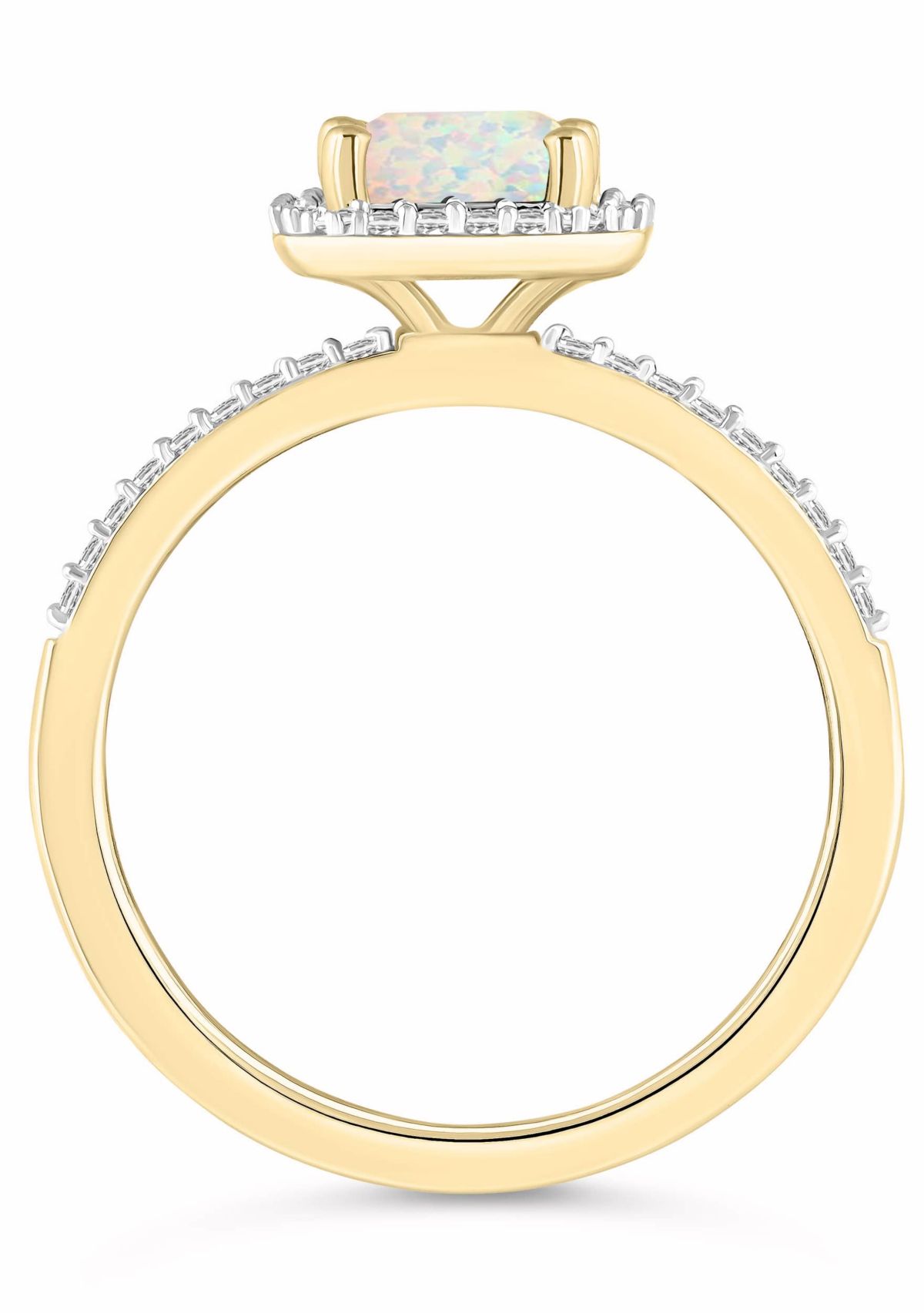 Lab Created 10K Yellow Gold 8x6mm Emerald Cut Created Opal & Created White Sapphire Halo Ring