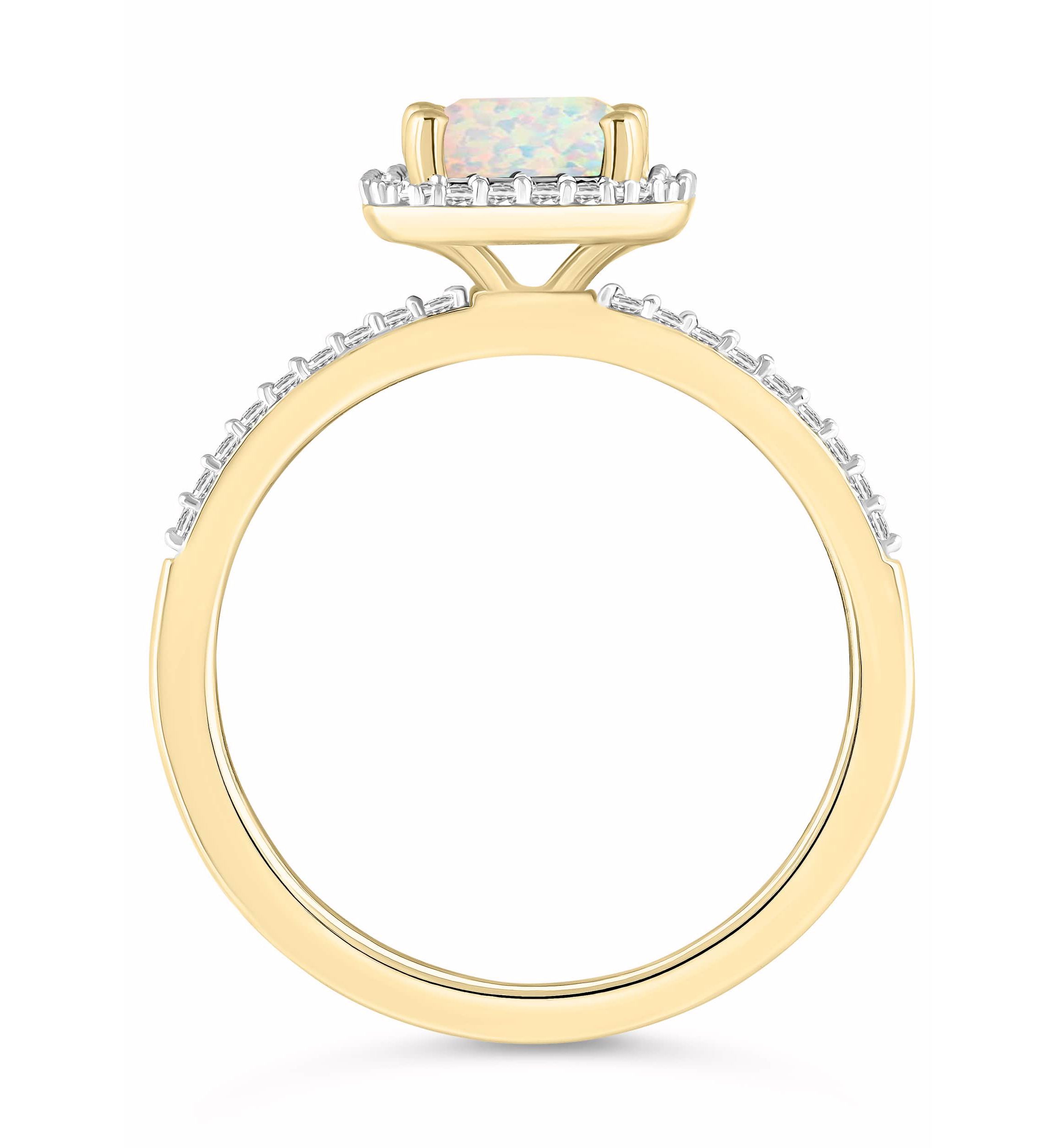 Lab Created 10K Yellow Gold 8x6mm Emerald Cut Created Opal & Created White Sapphire Halo Ring