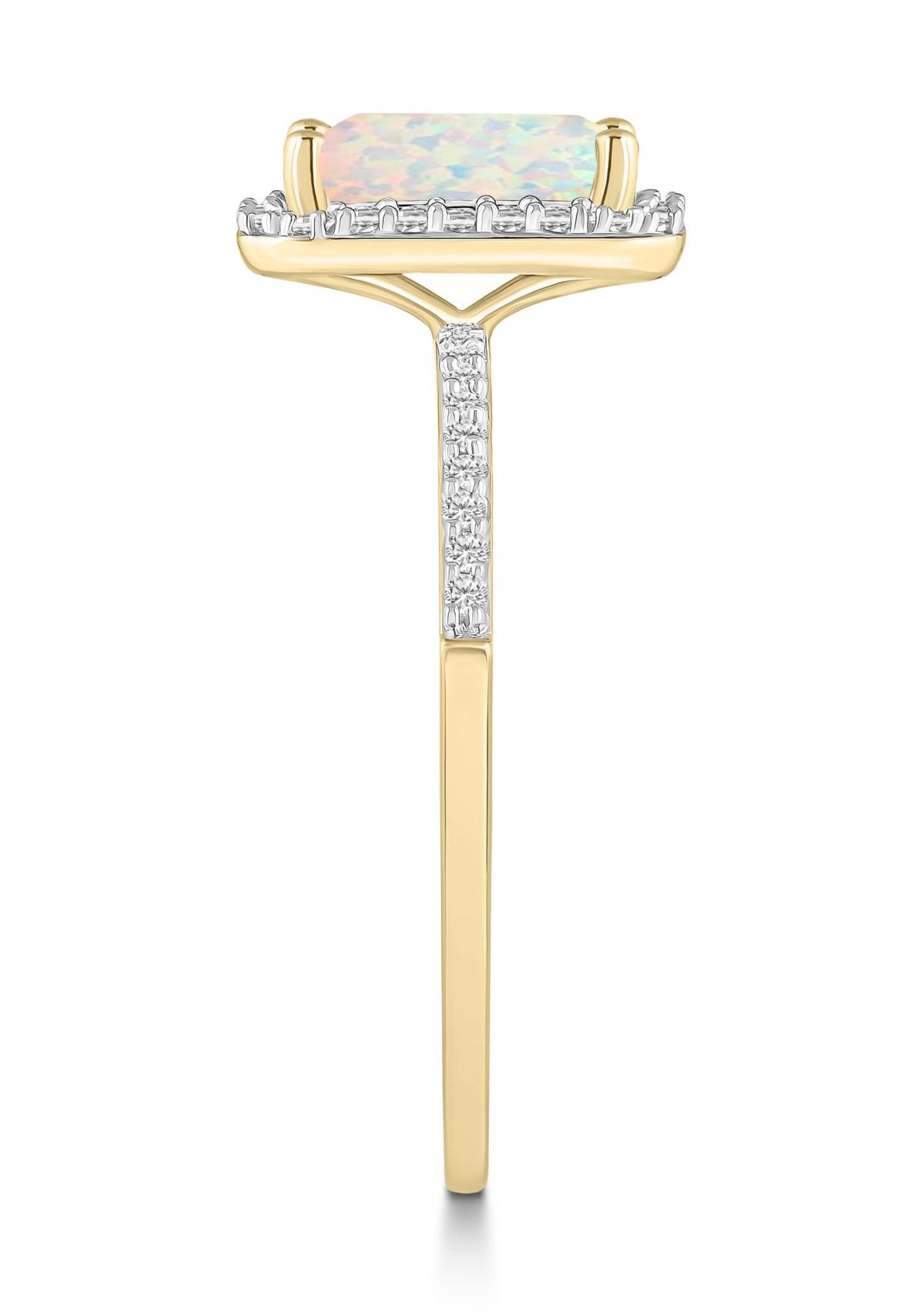 Lab Created 10K Yellow Gold 8x6mm Emerald Cut Created Opal & Created White Sapphire Halo Ring