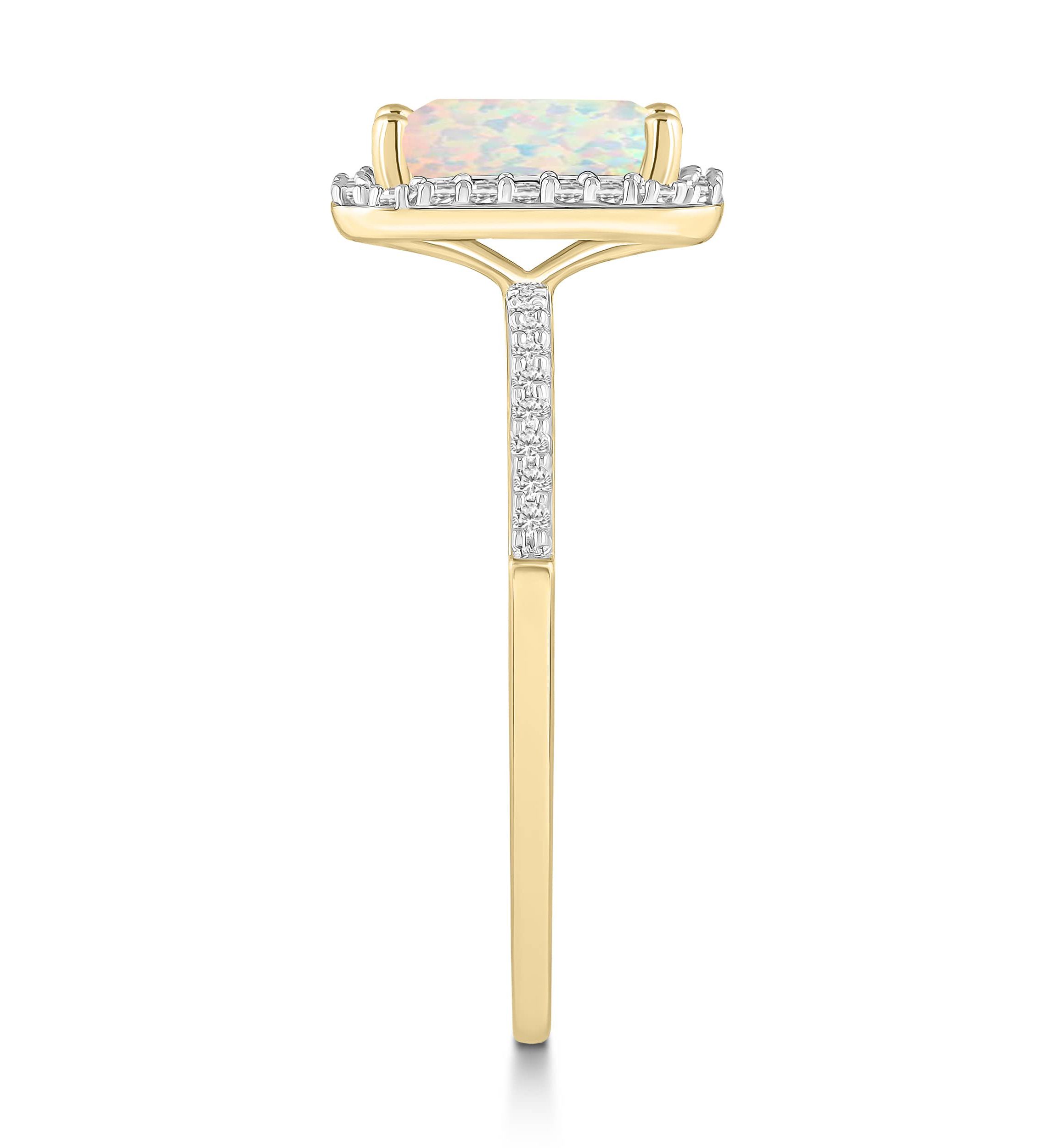 Lab Created 10K Yellow Gold 8x6mm Emerald Cut Created Opal & Created White Sapphire Halo Ring