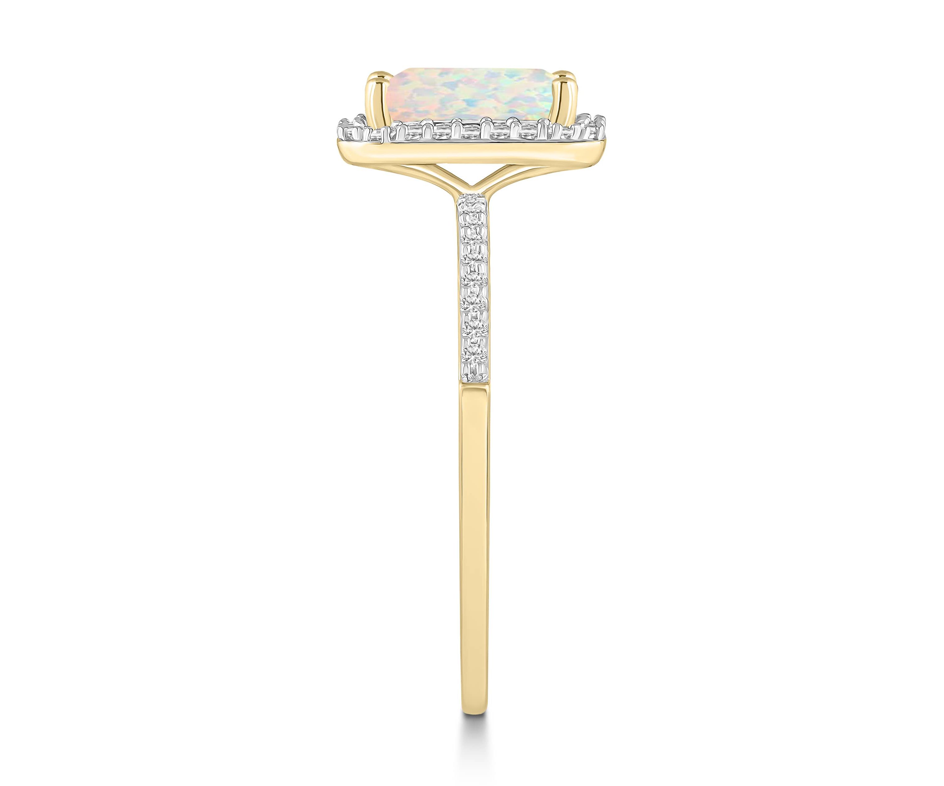 Lab Created 10K Yellow Gold 8x6mm Emerald Cut Created Opal & Created White Sapphire Halo Ring