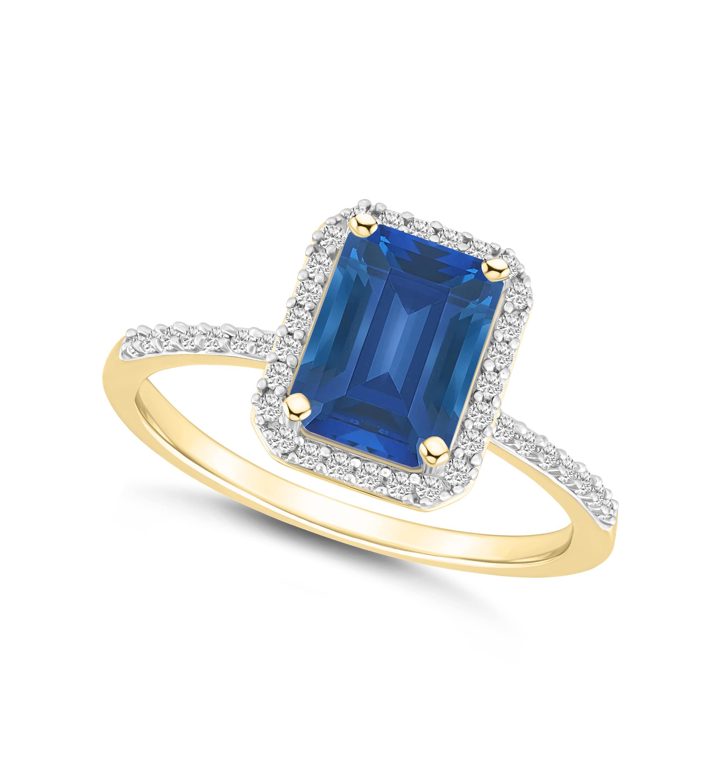 Lab Created 10K Yellow Gold 8x6mm Emerald Cut Created Sapphire & Created White Sapphire Halo Ring