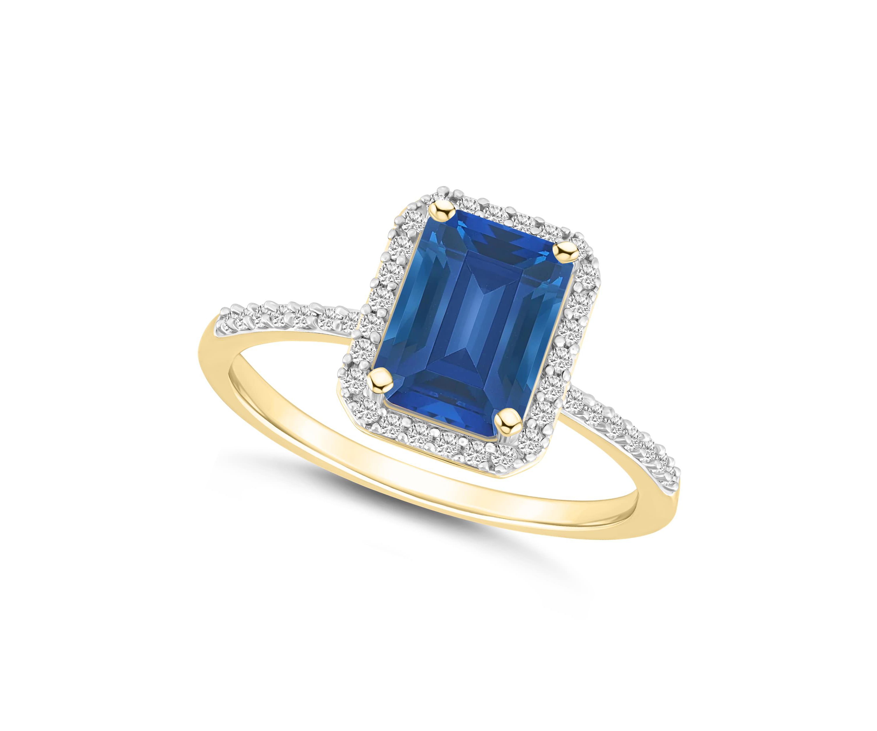 Lab Created 10K Yellow Gold 8x6mm Emerald Cut Created Sapphire & Created White Sapphire Halo Ring