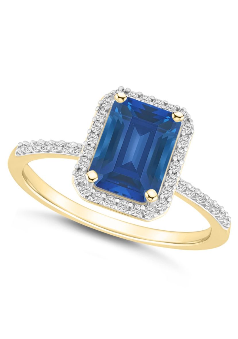 Lab Created 10K Yellow Gold 8x6mm Emerald Cut Created Sapphire & Created White Sapphire Halo Ring