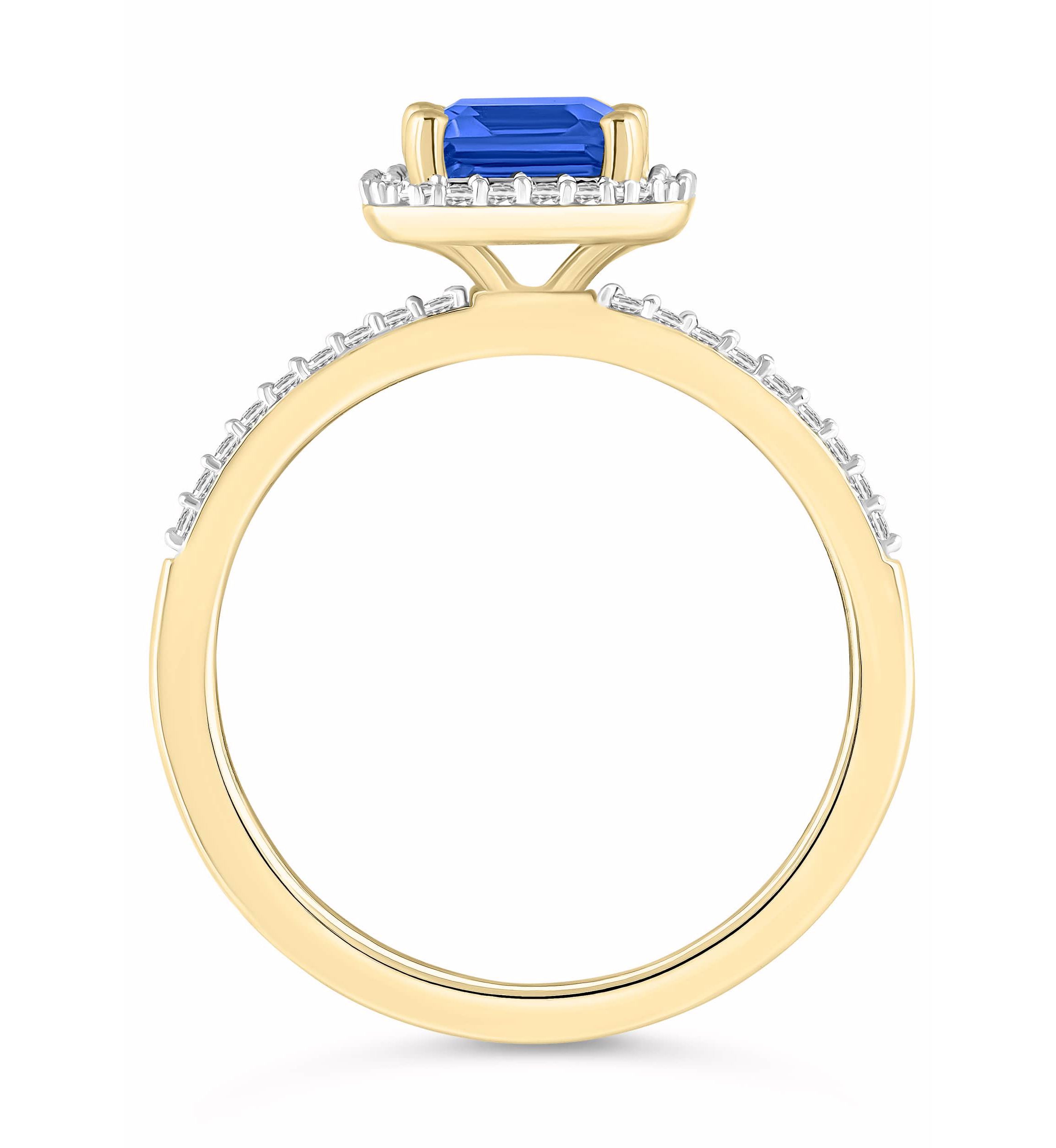 Lab Created 10K Yellow Gold 8x6mm Emerald Cut Created Sapphire & Created White Sapphire Halo Ring
