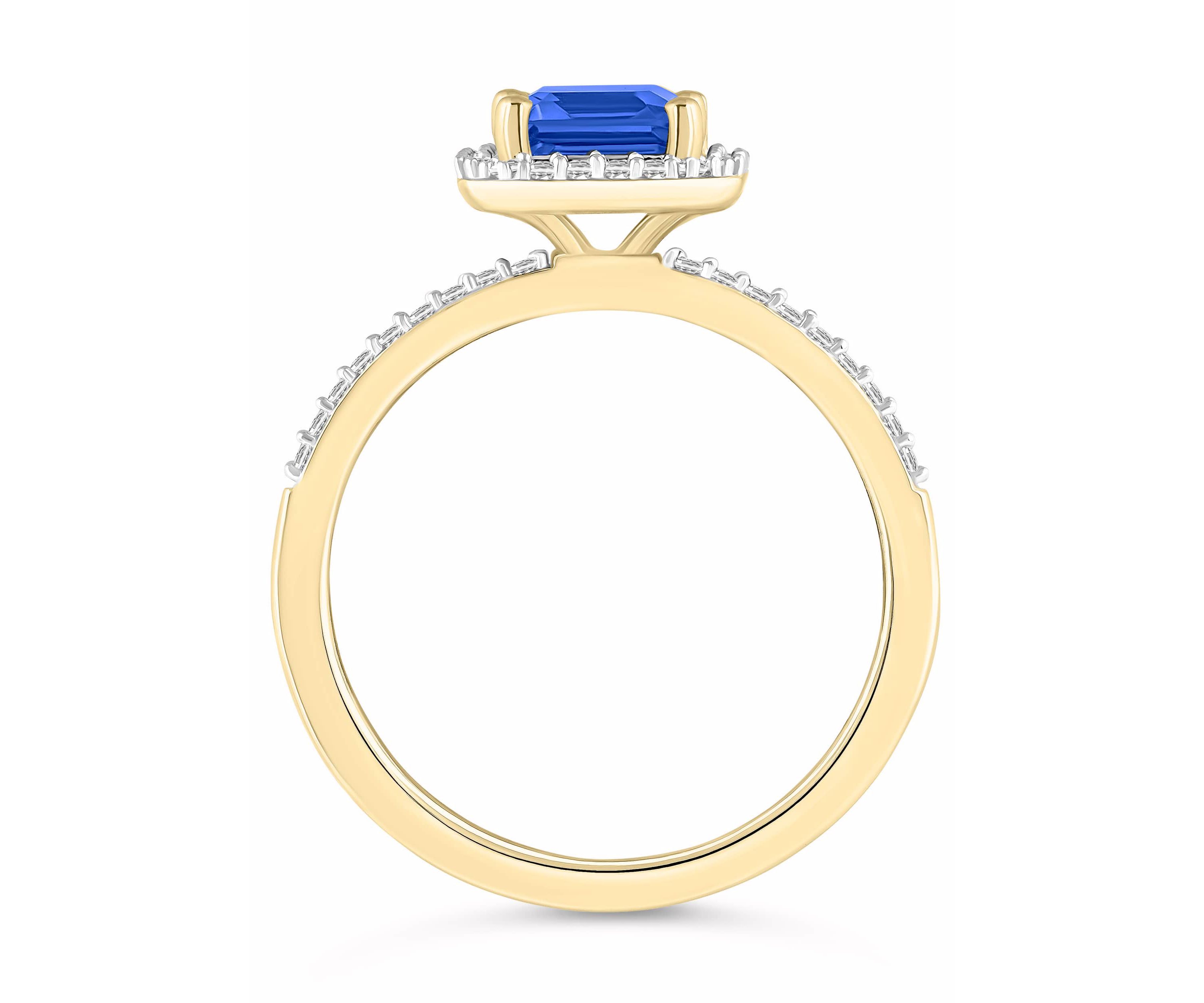 Lab Created 10K Yellow Gold 8x6mm Emerald Cut Created Sapphire & Created White Sapphire Halo Ring