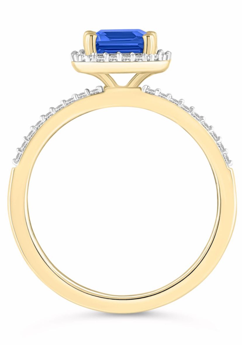 Lab Created 10K Yellow Gold 8x6mm Emerald Cut Created Sapphire & Created White Sapphire Halo Ring