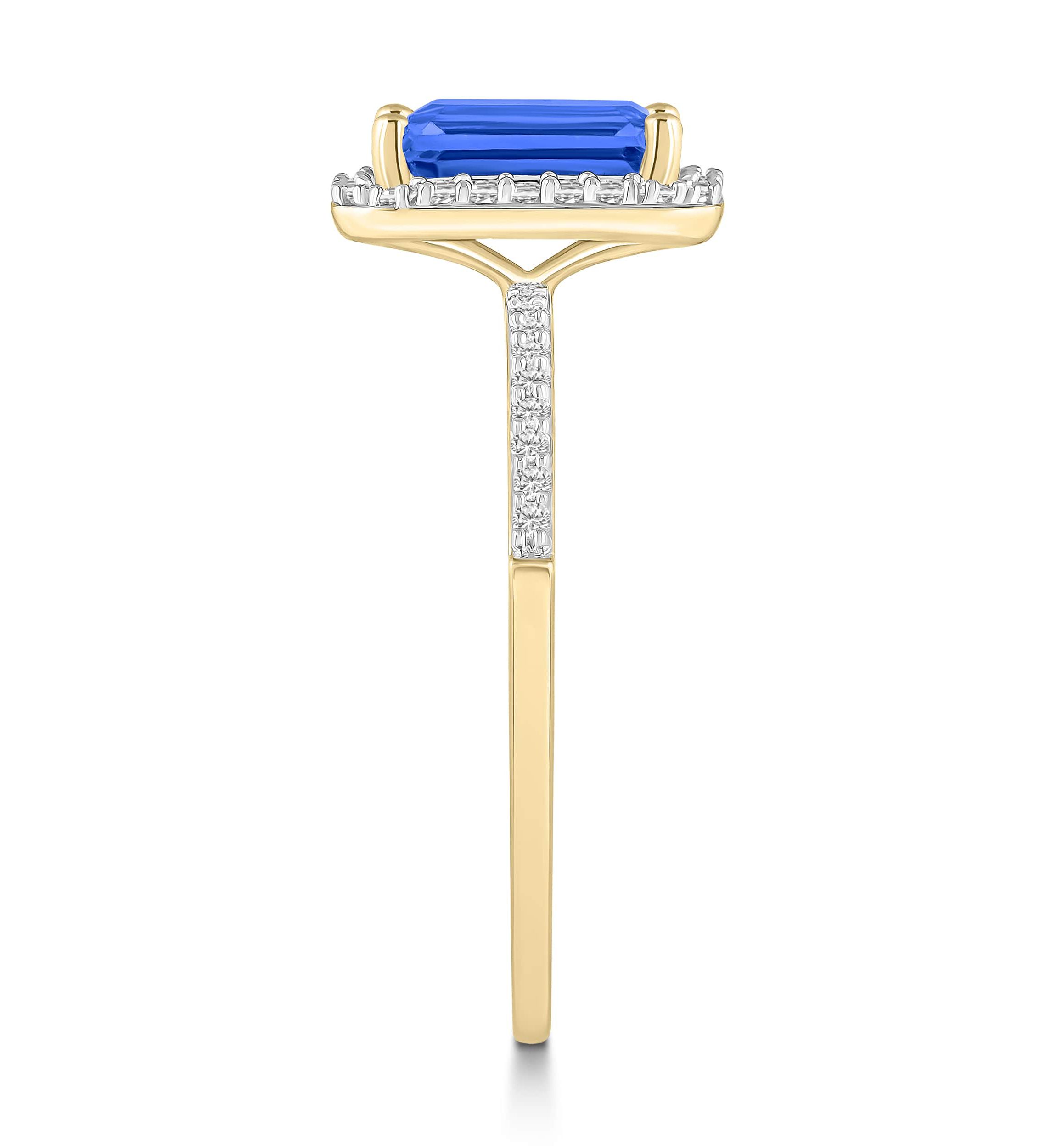 Lab Created 10K Yellow Gold 8x6mm Emerald Cut Created Sapphire & Created White Sapphire Halo Ring