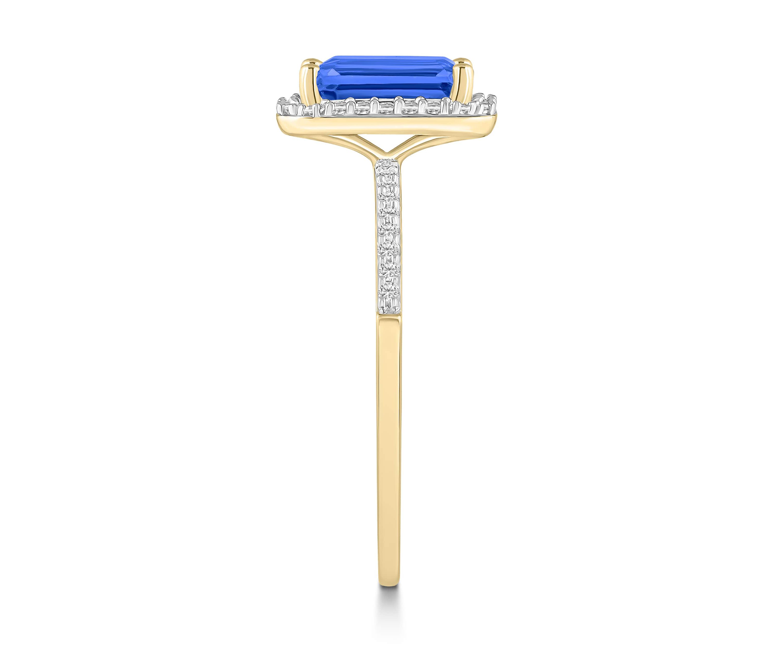 Lab Created 10K Yellow Gold 8x6mm Emerald Cut Created Sapphire & Created White Sapphire Halo Ring