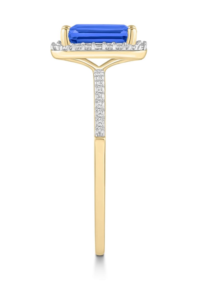 Lab Created 10K Yellow Gold 8x6mm Emerald Cut Created Sapphire & Created White Sapphire Halo Ring