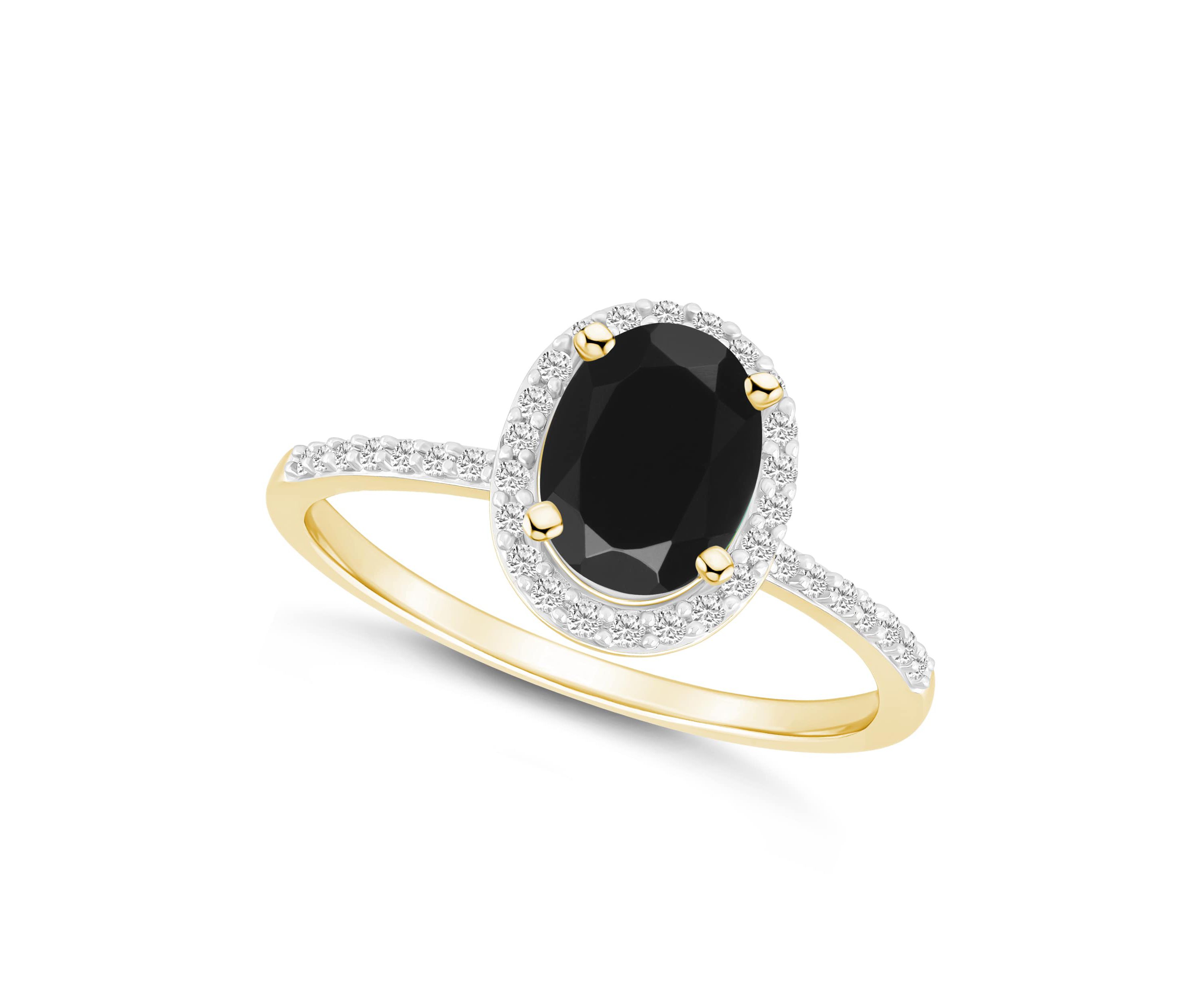 10K Yellow Gold 8x6mm Oval Black Onyx & Created White Sapphire Halo Ring