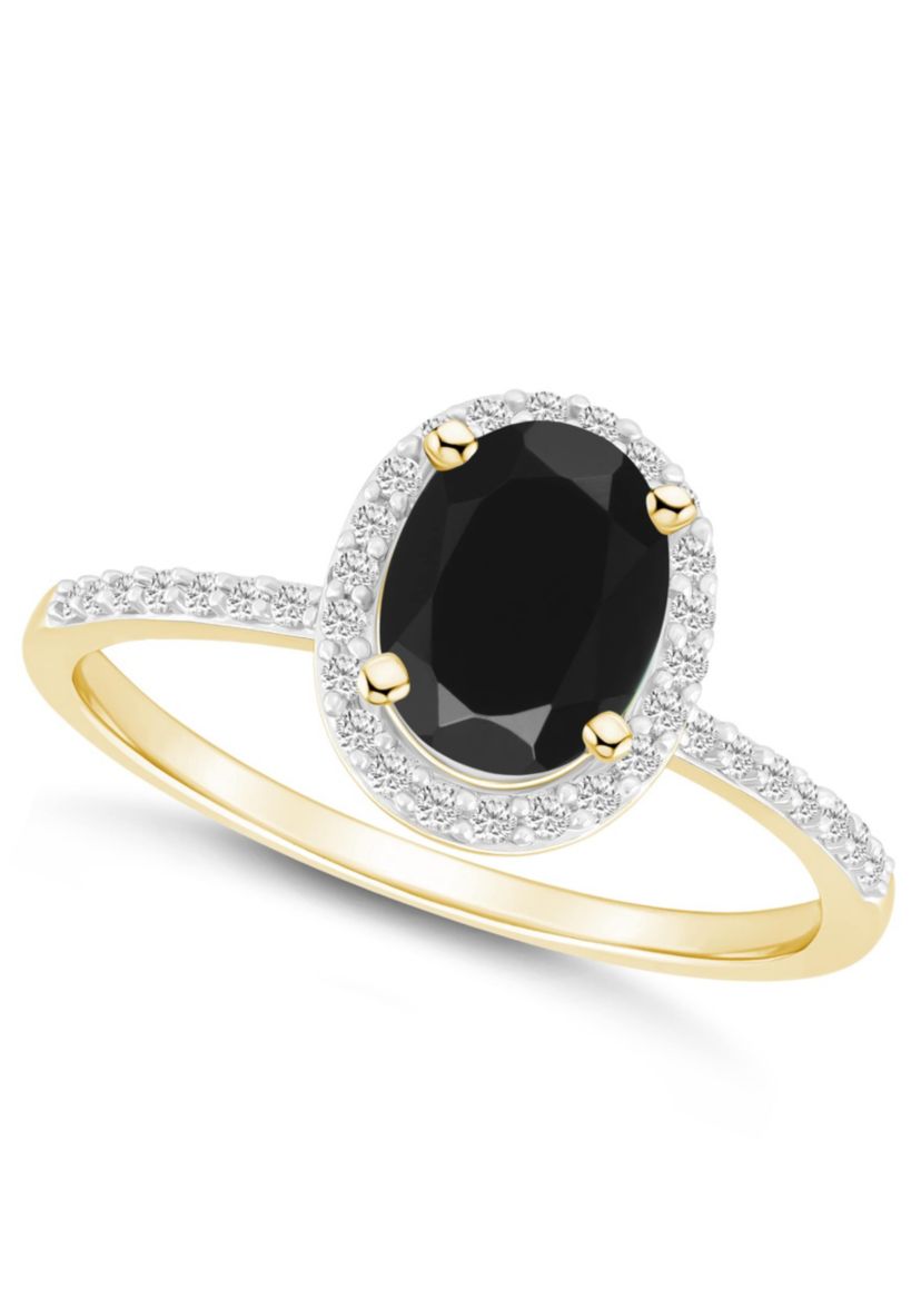 10K Yellow Gold 8x6mm Oval Black Onyx & Created White Sapphire Halo Ring