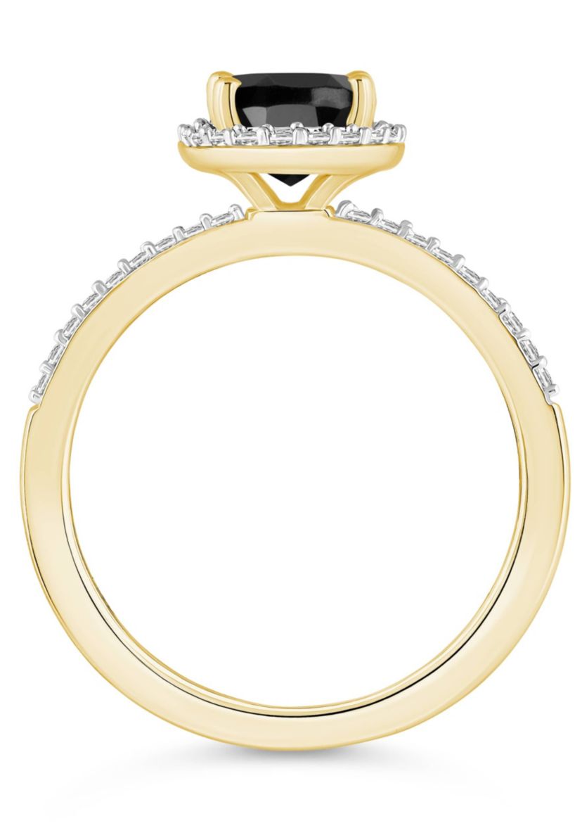 10K Yellow Gold 8x6mm Oval Black Onyx & Created White Sapphire Halo Ring