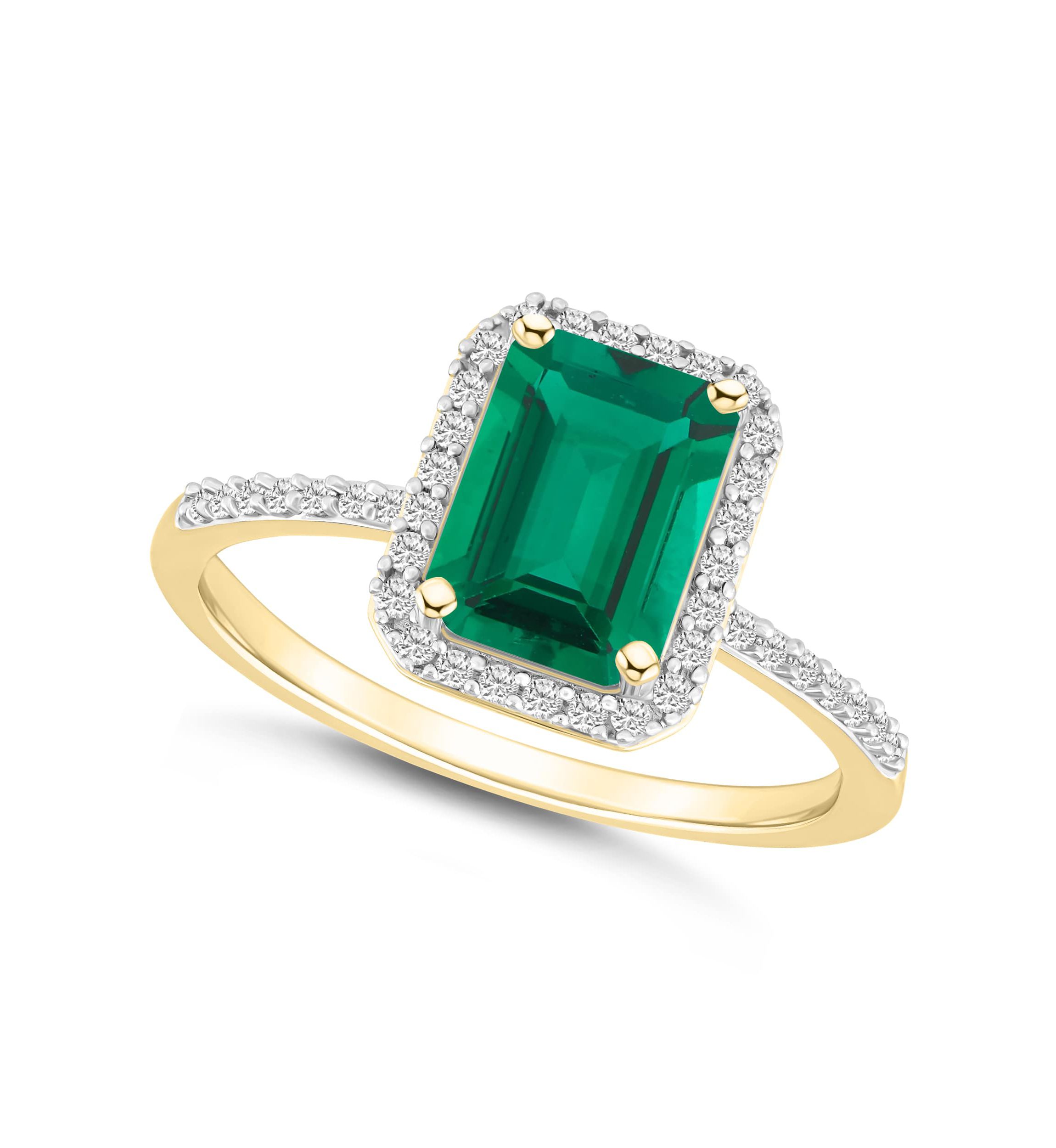 Lab Created 10K Yellow Gold 8x6mm Emerald Cut Created Emerald & Created White Sapphire Halo Ring