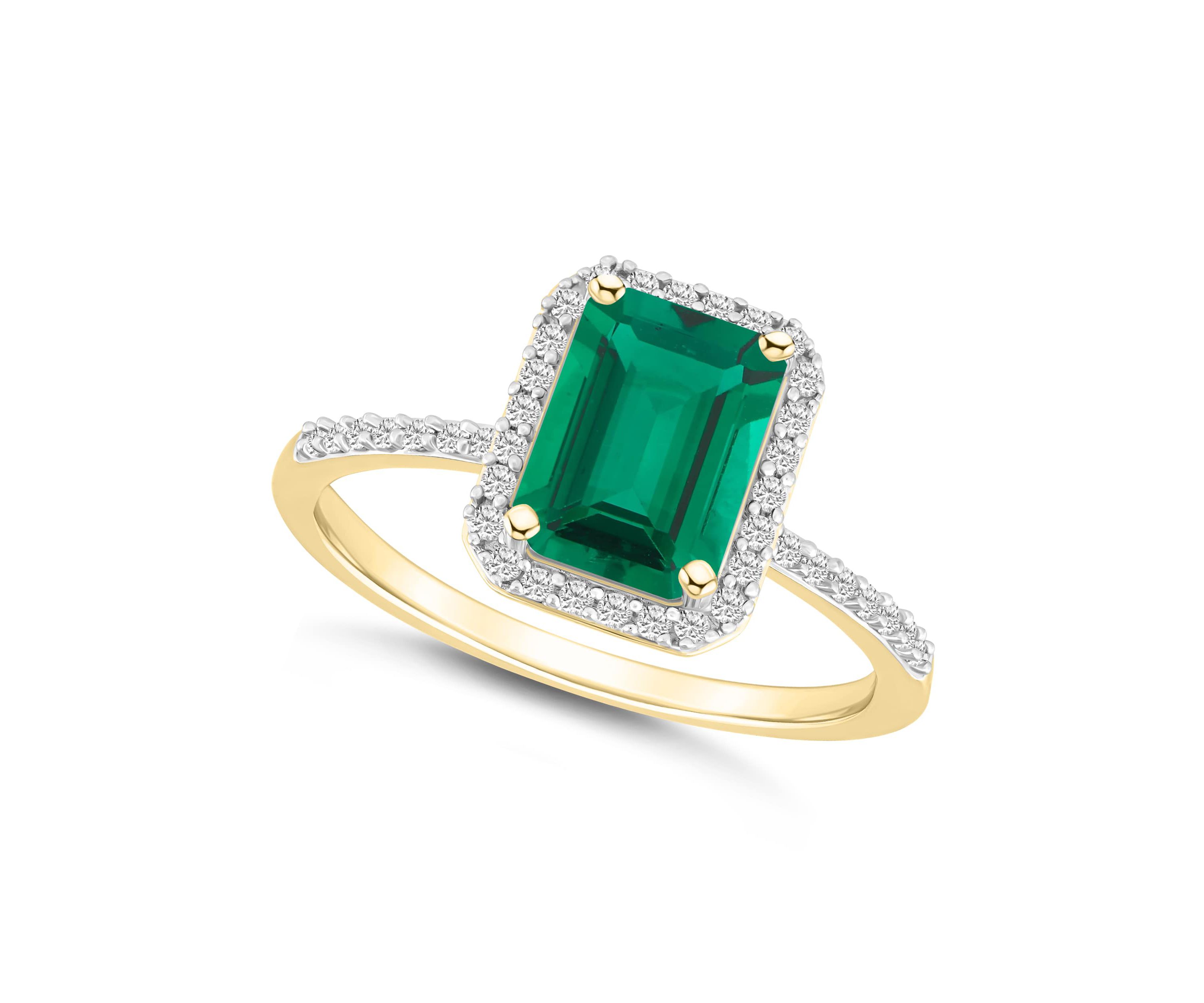 Lab Created 10K Yellow Gold 8x6mm Emerald Cut Created Emerald & Created White Sapphire Halo Ring