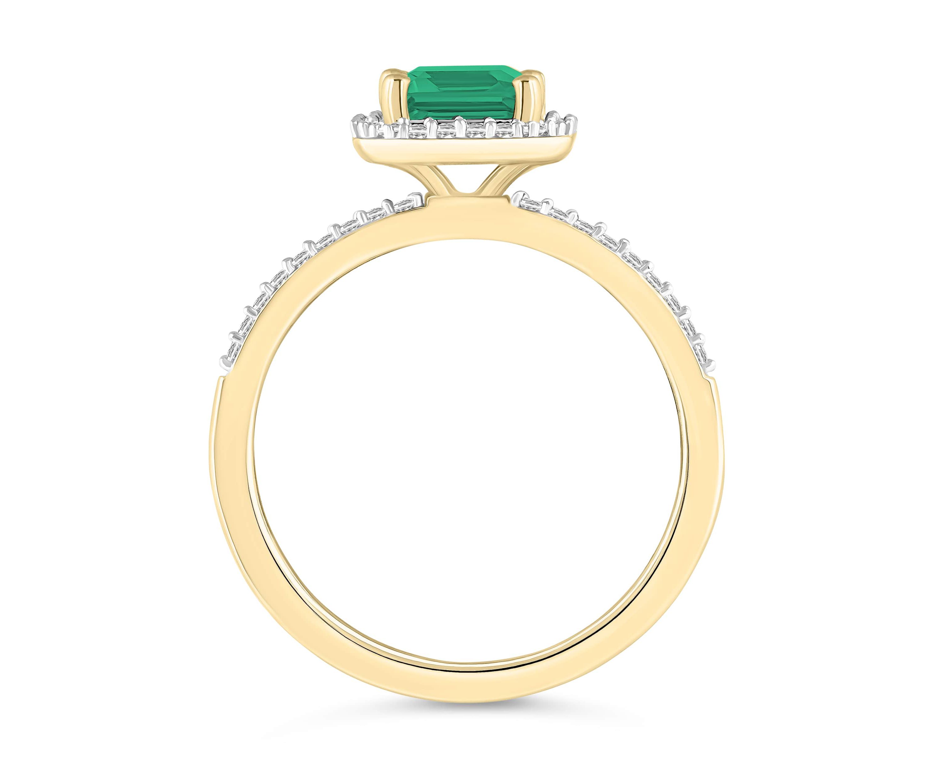 Lab Created 10K Yellow Gold 8x6mm Emerald Cut Created Emerald & Created White Sapphire Halo Ring