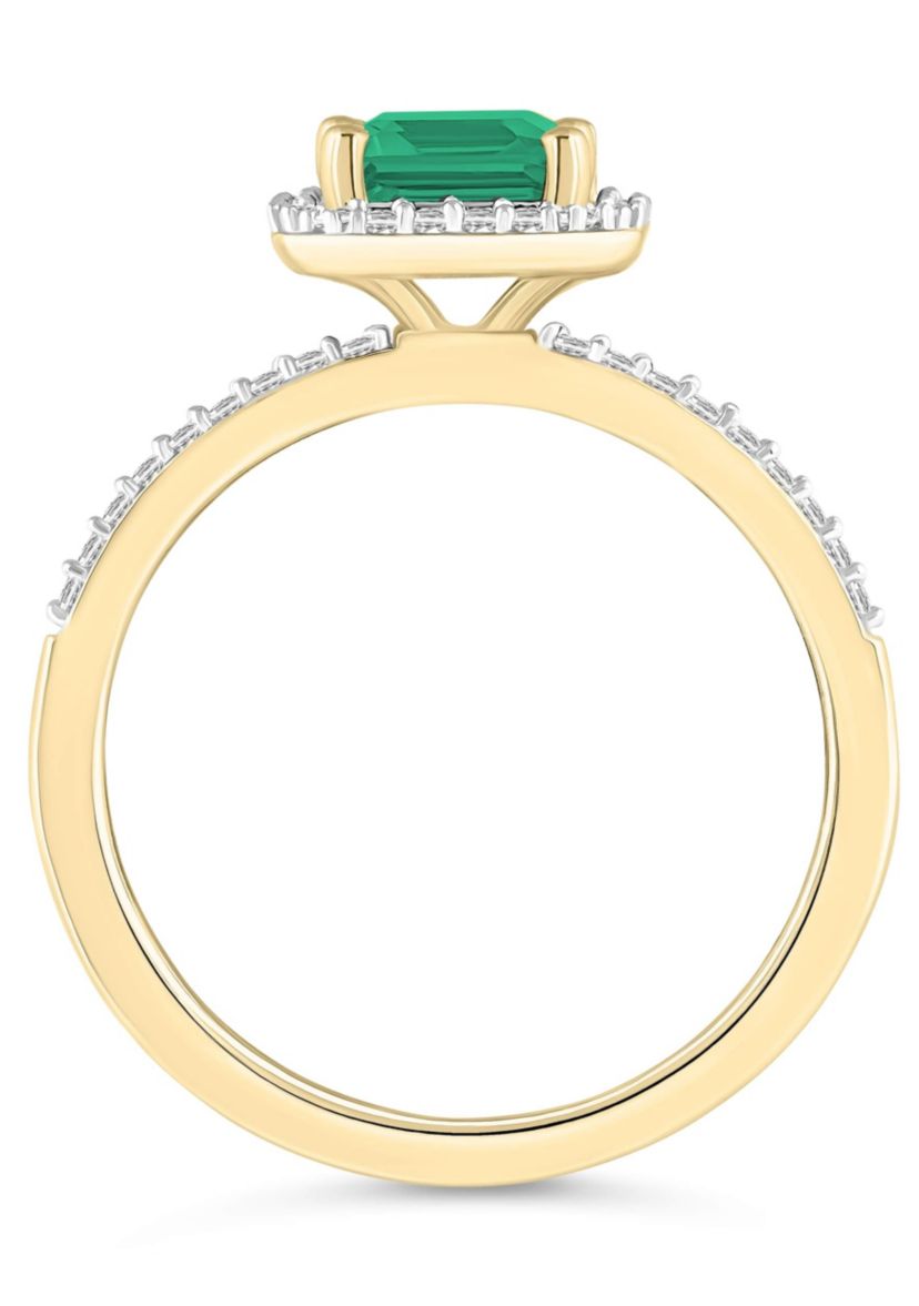 Lab Created 10K Yellow Gold 8x6mm Emerald Cut Created Emerald & Created White Sapphire Halo Ring