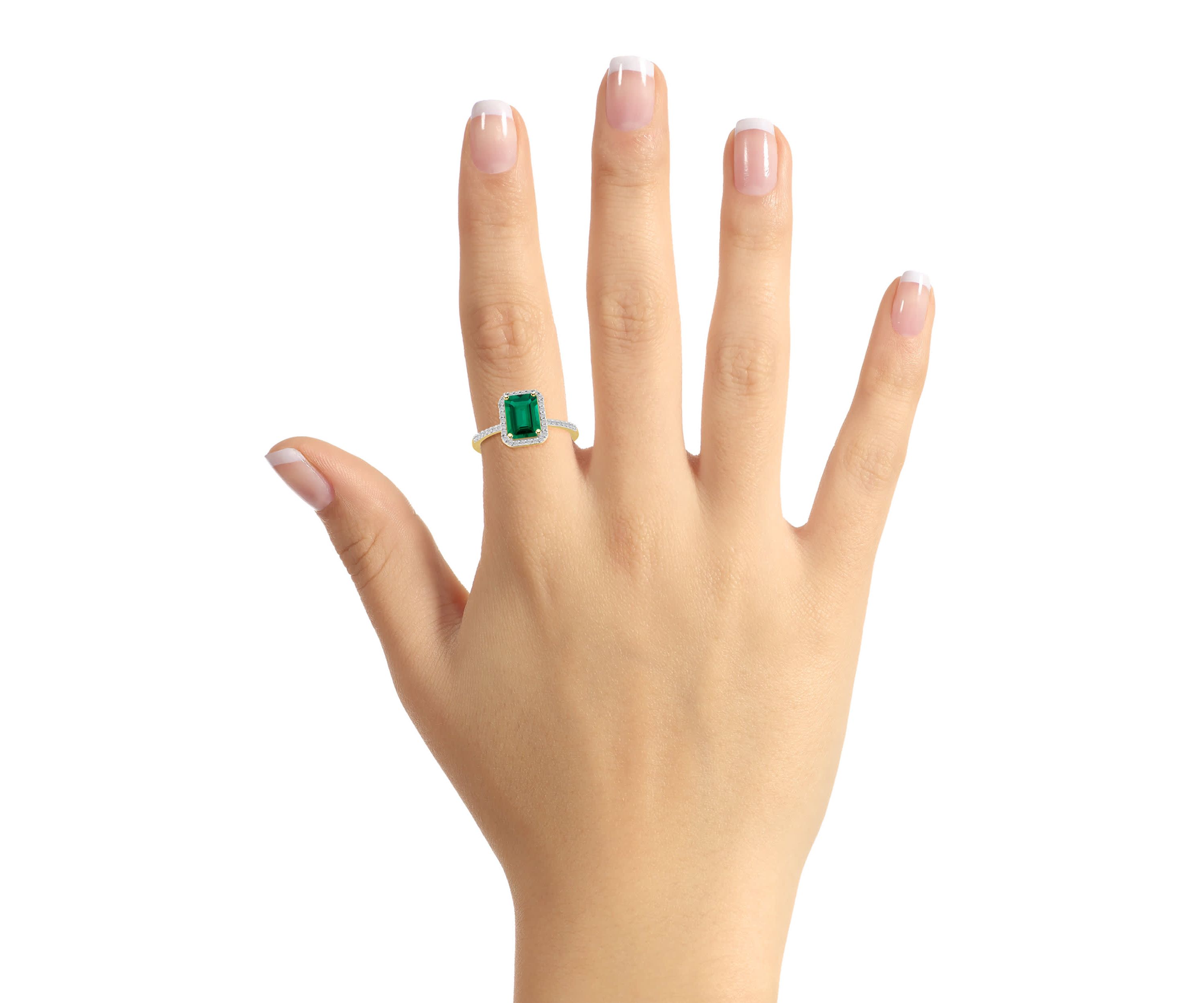 Lab Created 10K Yellow Gold 8x6mm Emerald Cut Created Emerald & Created White Sapphire Halo Ring
