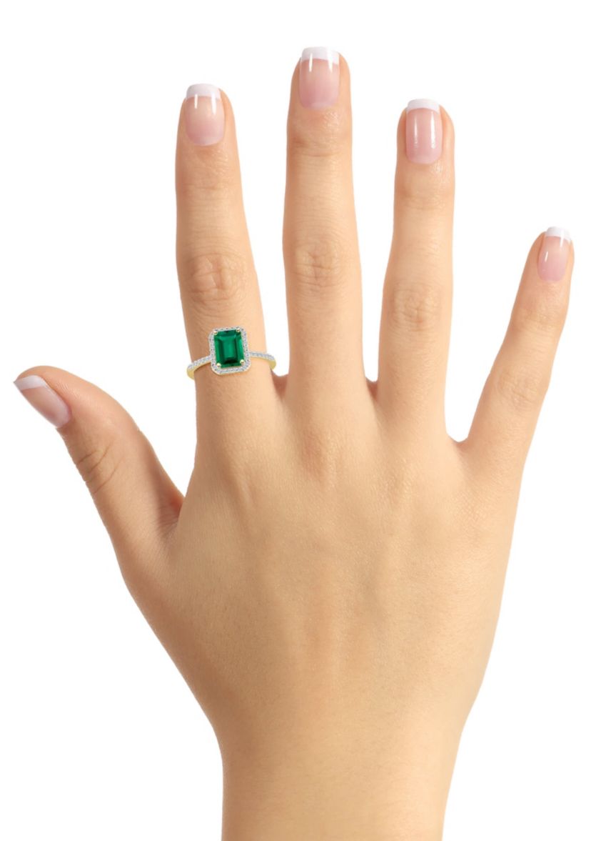 Lab Created 10K Yellow Gold 8x6mm Emerald Cut Created Emerald & Created White Sapphire Halo Ring