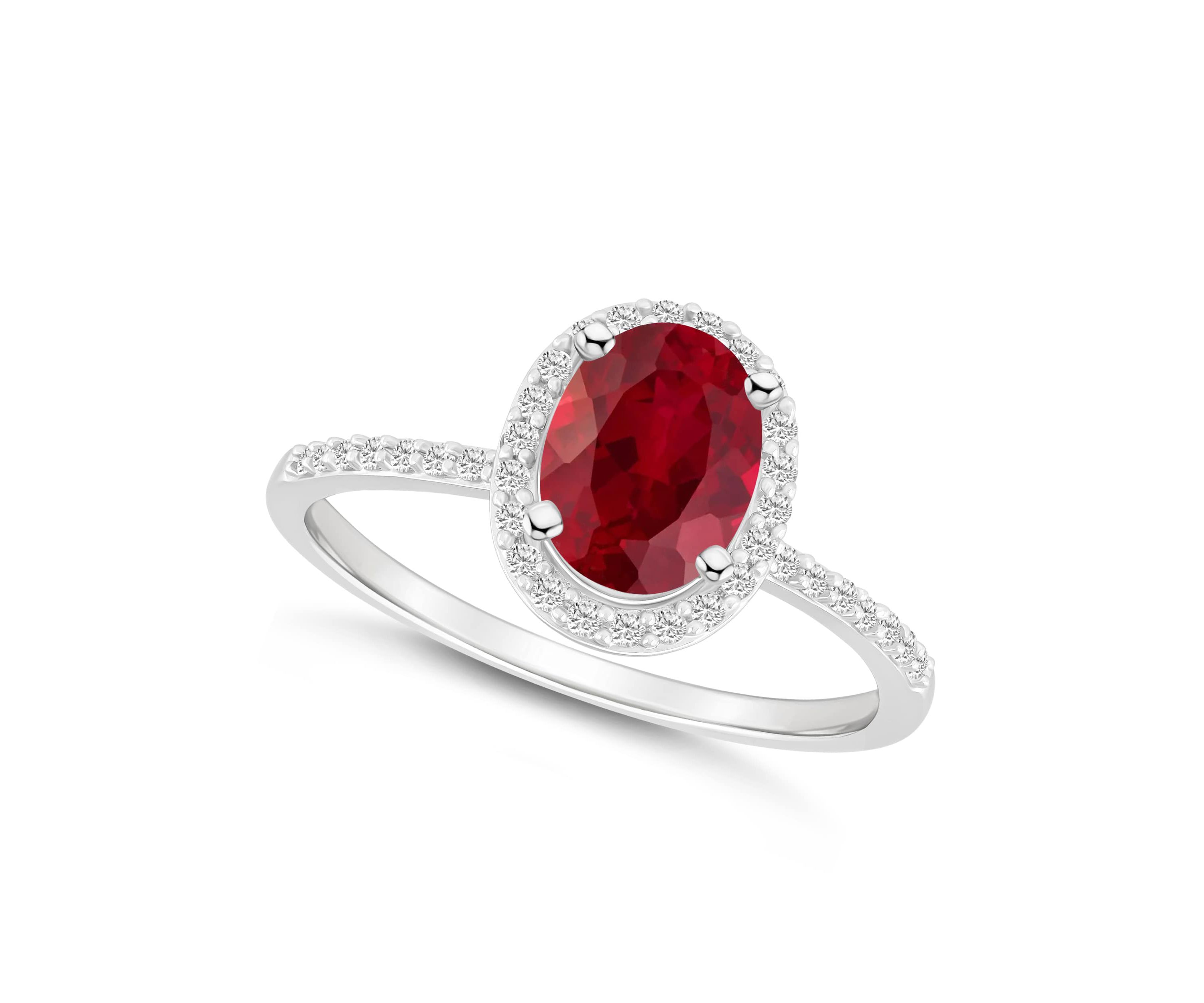 Lab Created 10K White Gold 8x6mm Oval Created Ruby & Created White Sapphire Halo Ring