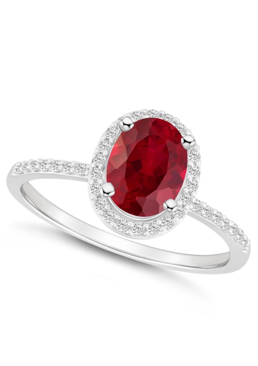 Lab Created 10K White Gold 8x6mm Oval Created Ruby & Created White Sapphire Halo Ring