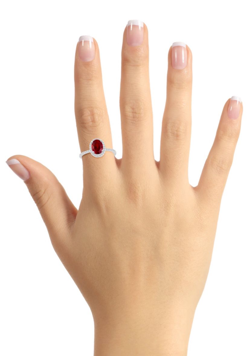 Lab Created 10K White Gold 8x6mm Oval Created Ruby & Created White Sapphire Halo Ring