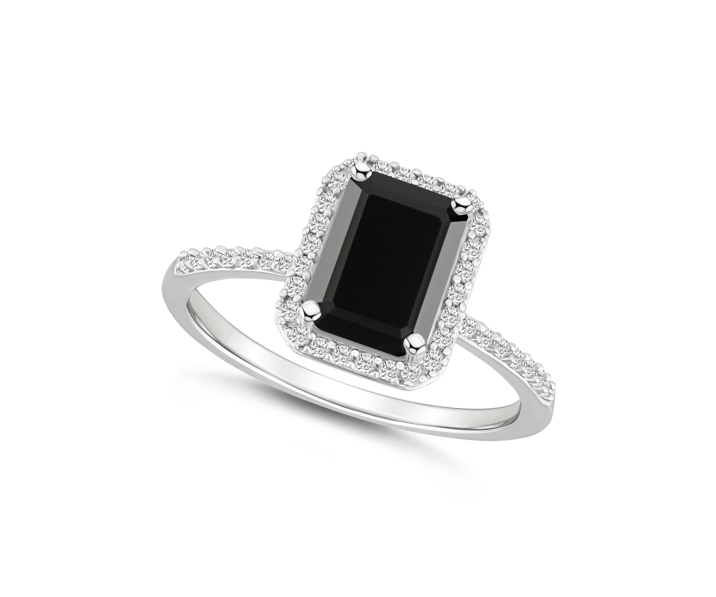 10K White Gold 8x6mm Emerald Cut Black Onyx & Created White Sapphire Halo Ring