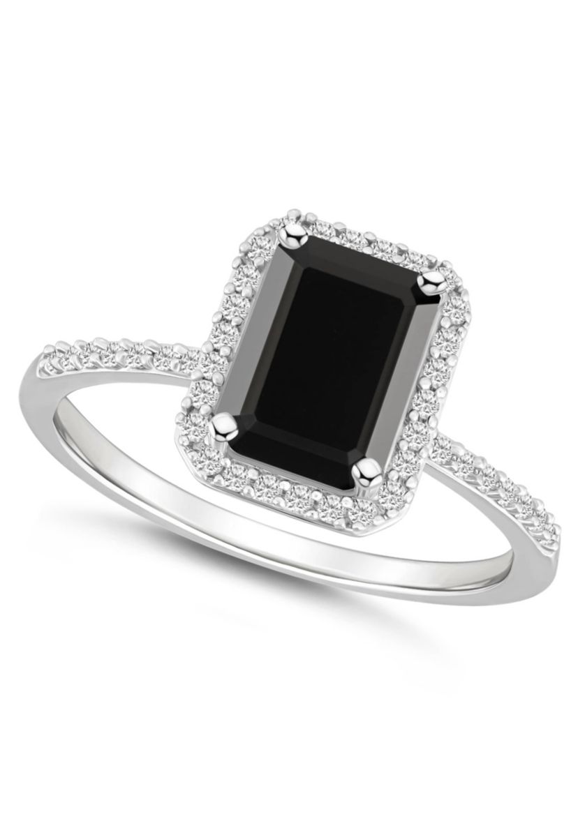 10K White Gold 8x6mm Emerald Cut Black Onyx & Created White Sapphire Halo Ring