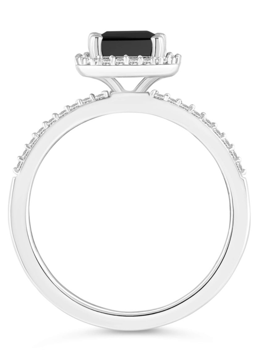 10K White Gold 8x6mm Emerald Cut Black Onyx & Created White Sapphire Halo Ring