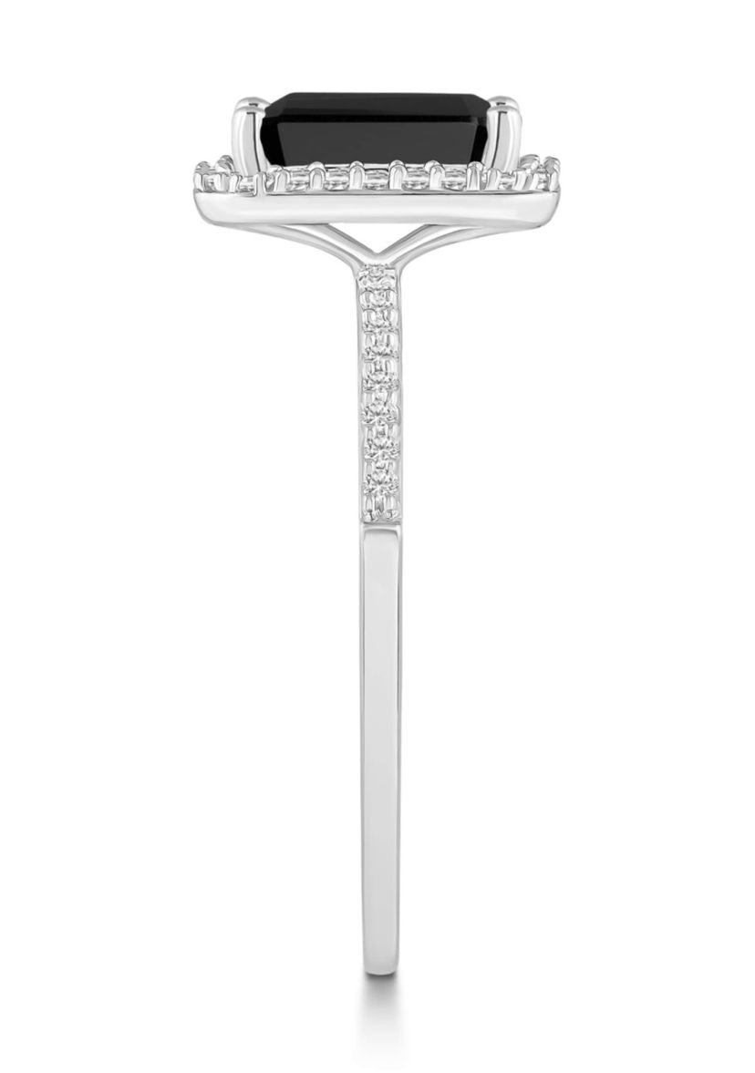 10K White Gold 8x6mm Emerald Cut Black Onyx & Created White Sapphire Halo Ring