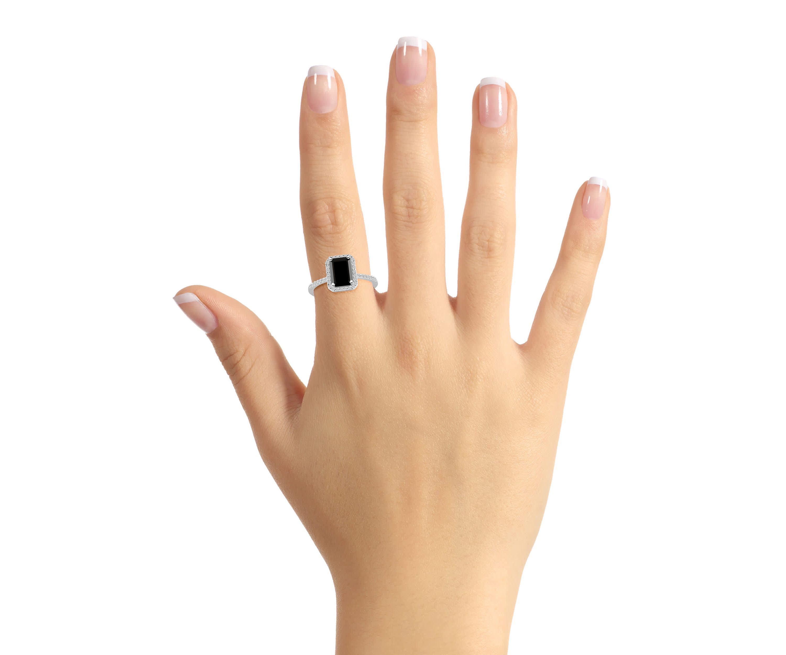 10K White Gold 8x6mm Emerald Cut Black Onyx & Created White Sapphire Halo Ring