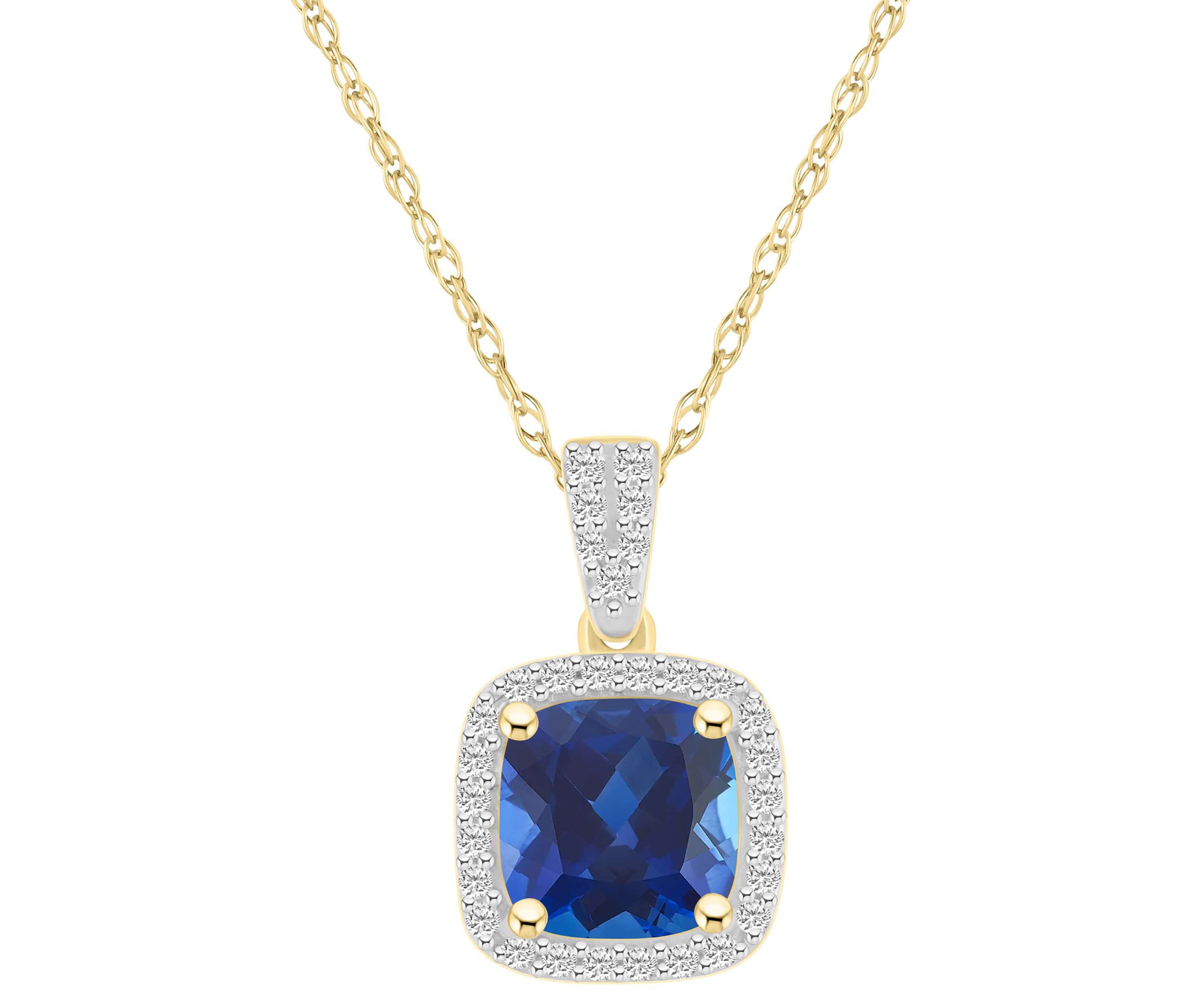 Lab Created 10K White Gold 7mm Cushion Created Sapphire & Created White Sapphire Halo Pendant Necklace