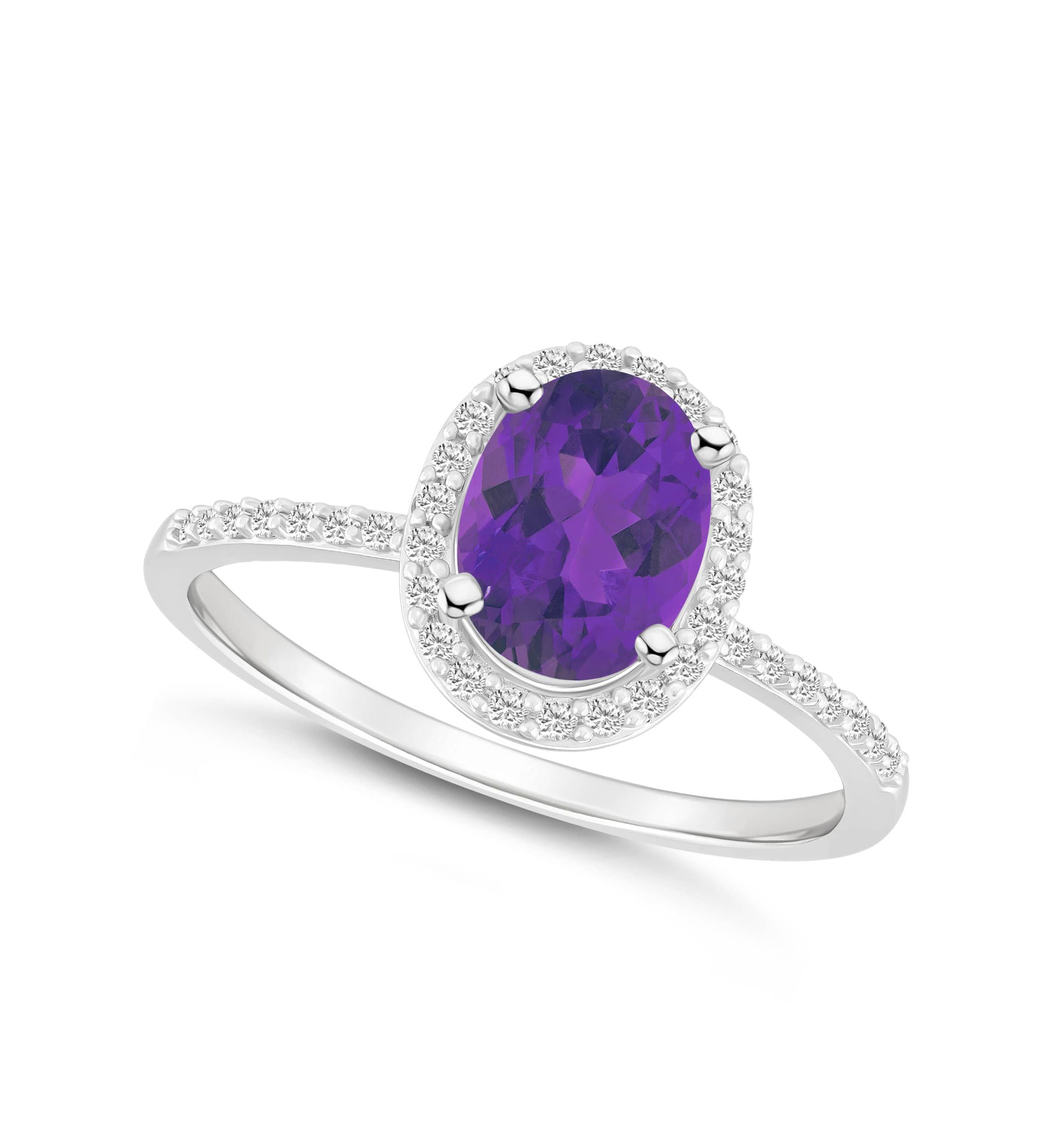 10K White Gold 8x6mm Oval Amethyst & Created White Sapphire Halo Ring