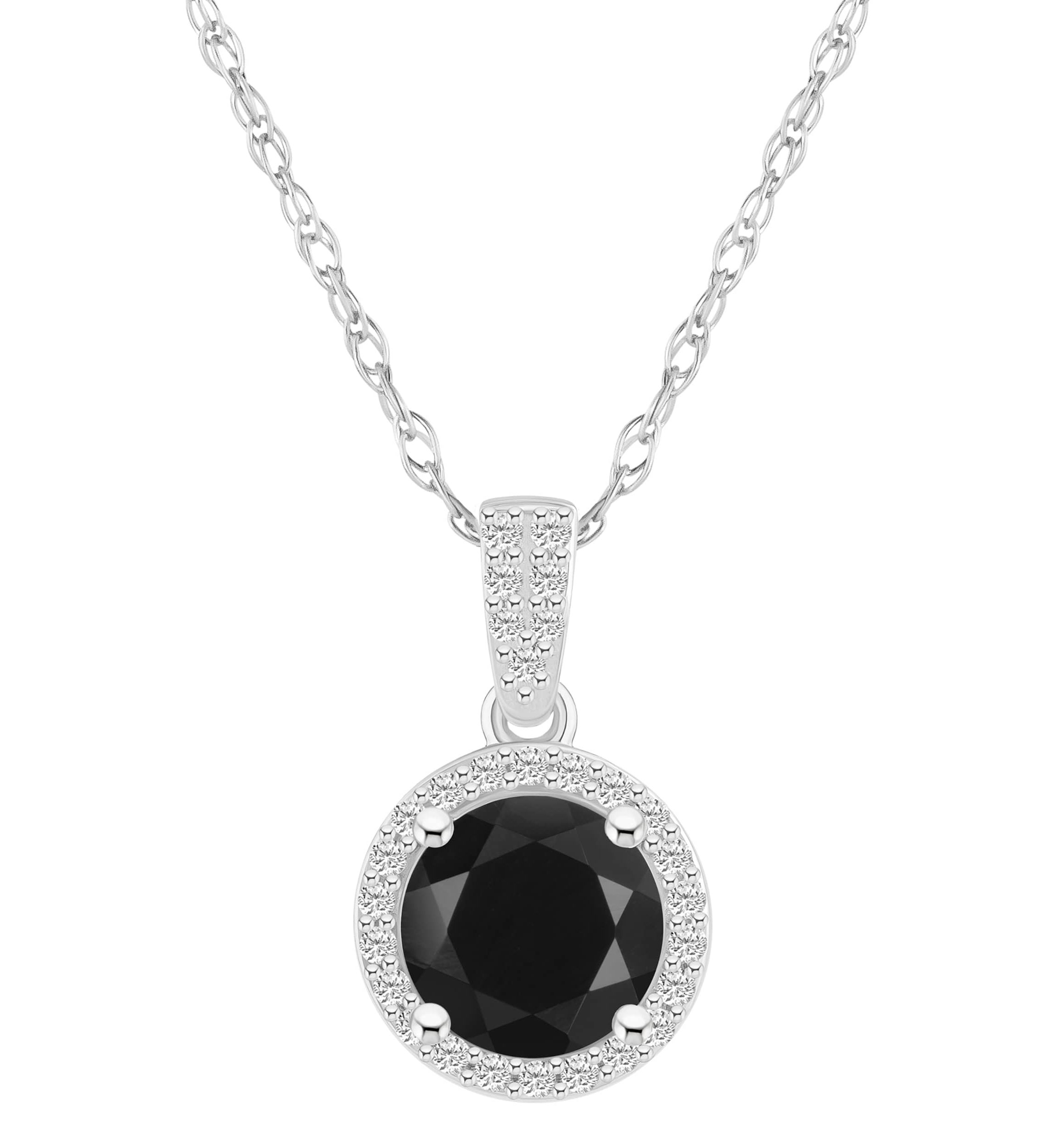 10K Yellow Gold 7mm Round Black Onyx & Created White Sapphire Halo Pendant Necklace