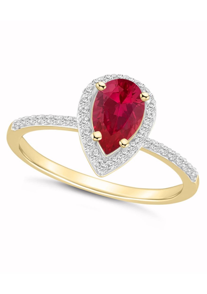 Lab Created 10K Yellow Gold 8x5mm Pear Shape Created Ruby & Created White Sapphire Halo Ring