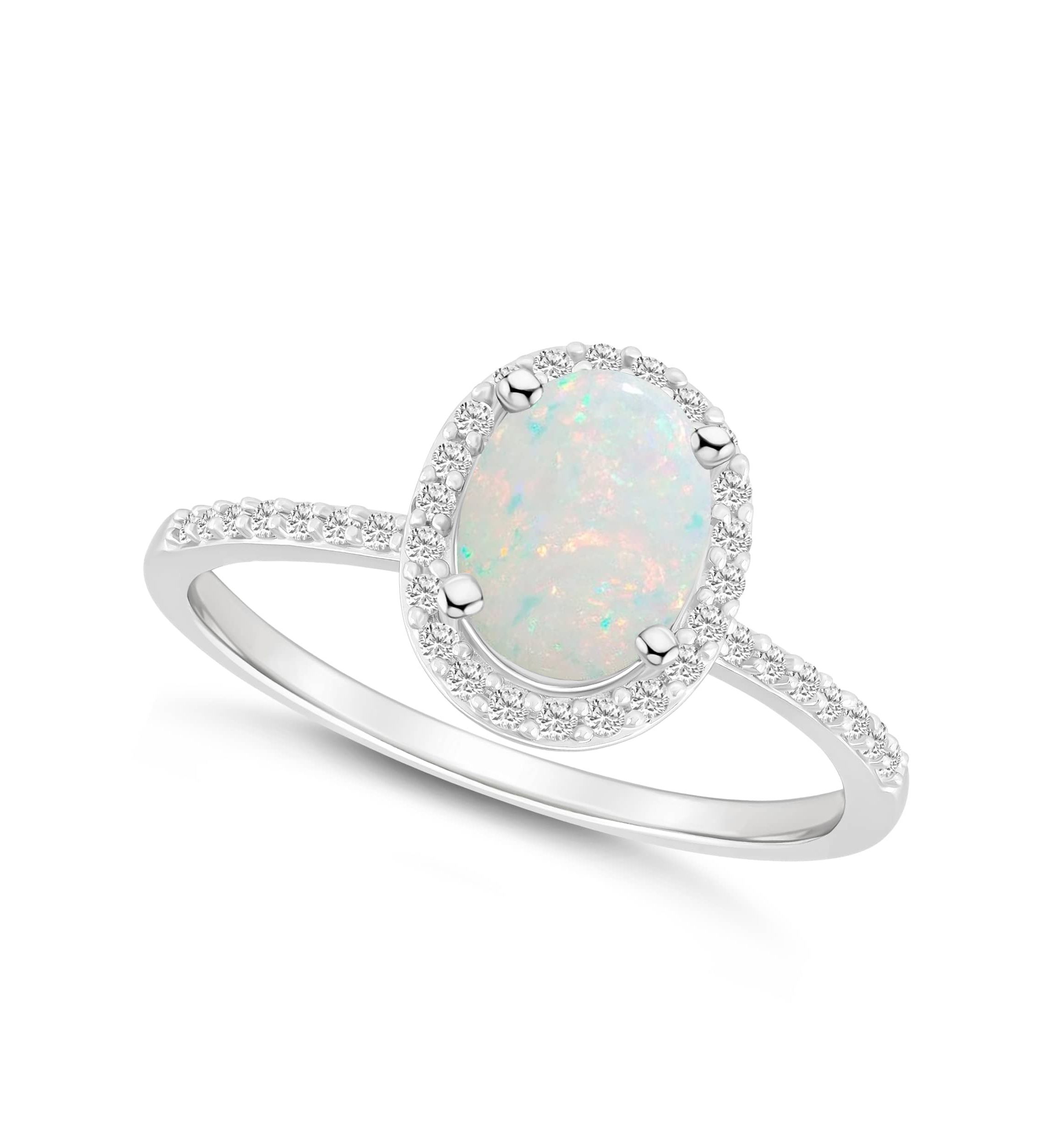 Lab Created 10K White Gold 8x6mm Oval Created Opal & Created White Sapphire Halo Ring