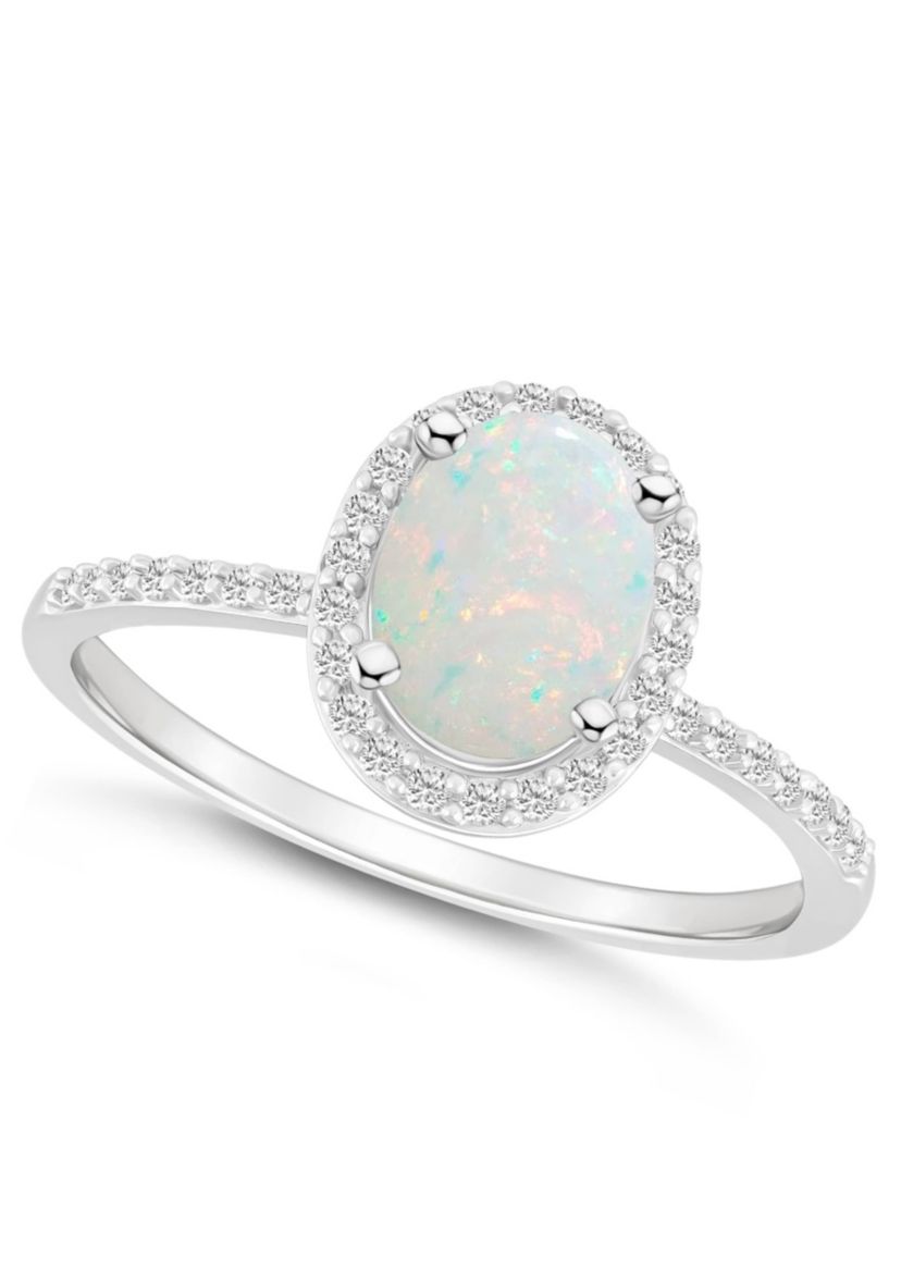 Lab Created 10K White Gold 8x6mm Oval Created Opal & Created White Sapphire Halo Ring