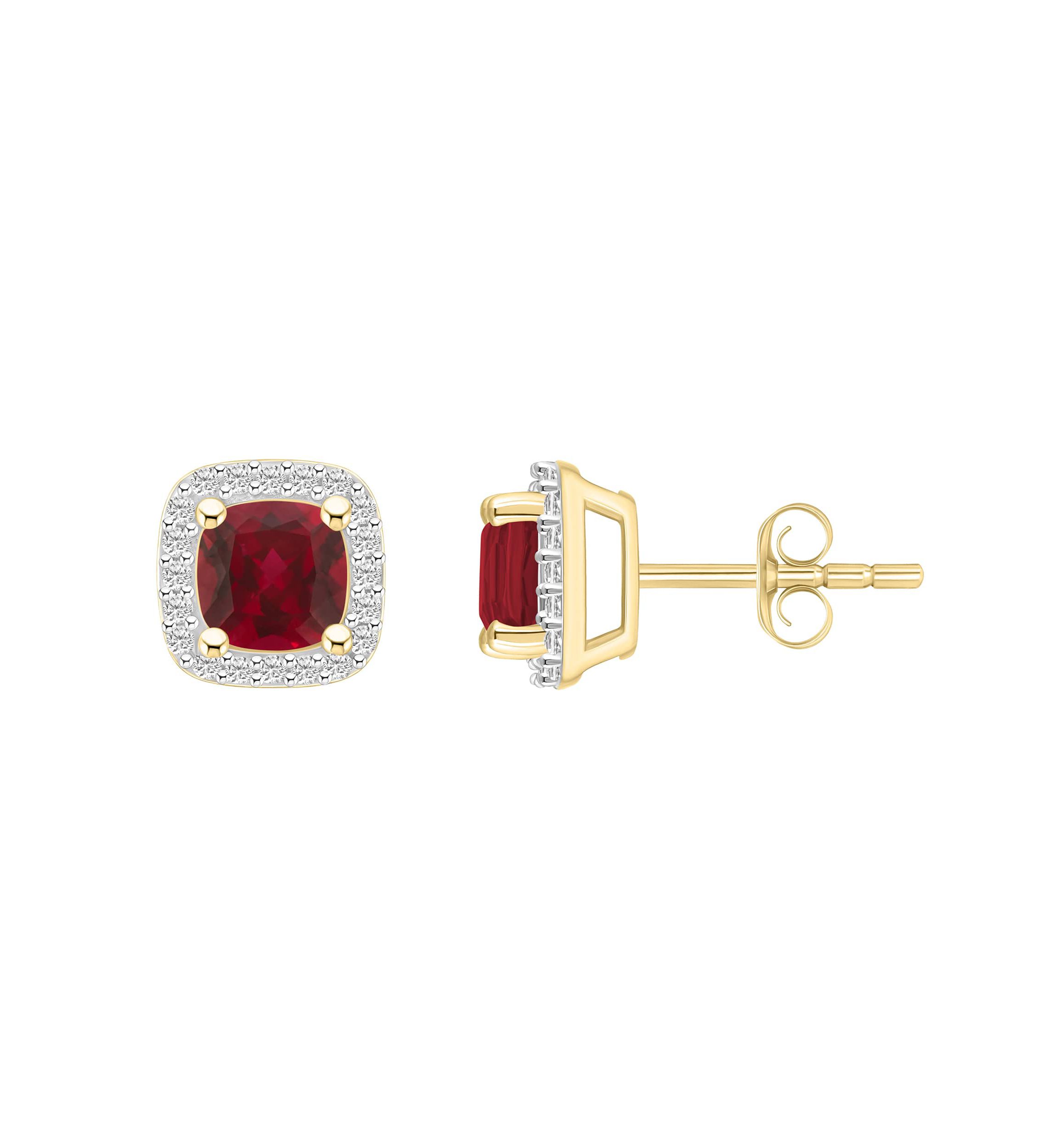 Lab Created 10K Yellow Gold 5mm Cushion Created Ruby & Created White Sapphire Halo Stud Earrings