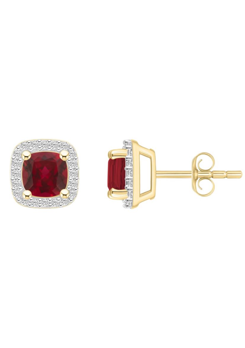 Lab Created 10K Yellow Gold 5mm Cushion Created Ruby & Created White Sapphire Halo Stud Earrings