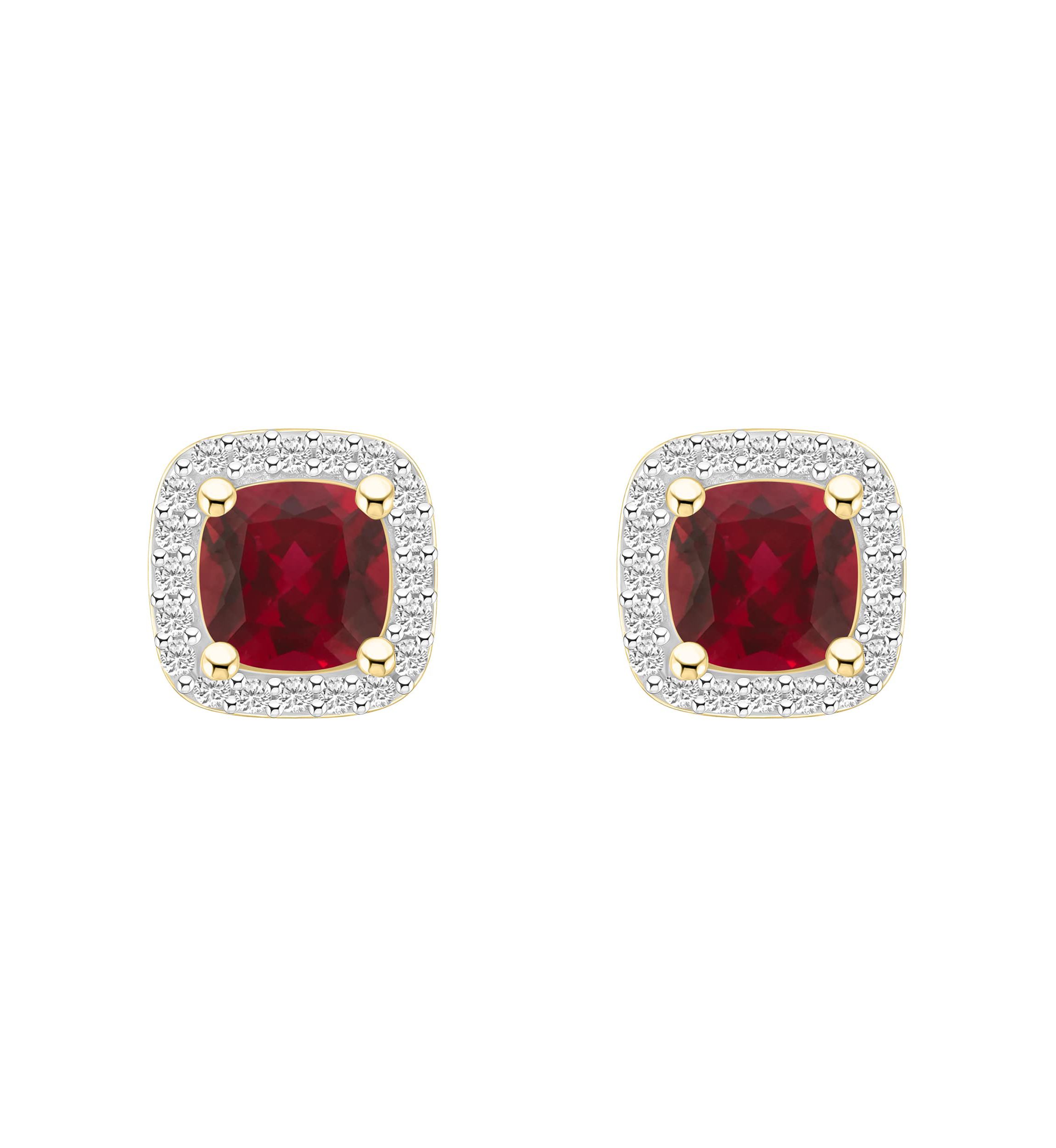 Lab Created 10K Yellow Gold 5mm Cushion Created Ruby & Created White Sapphire Halo Stud Earrings