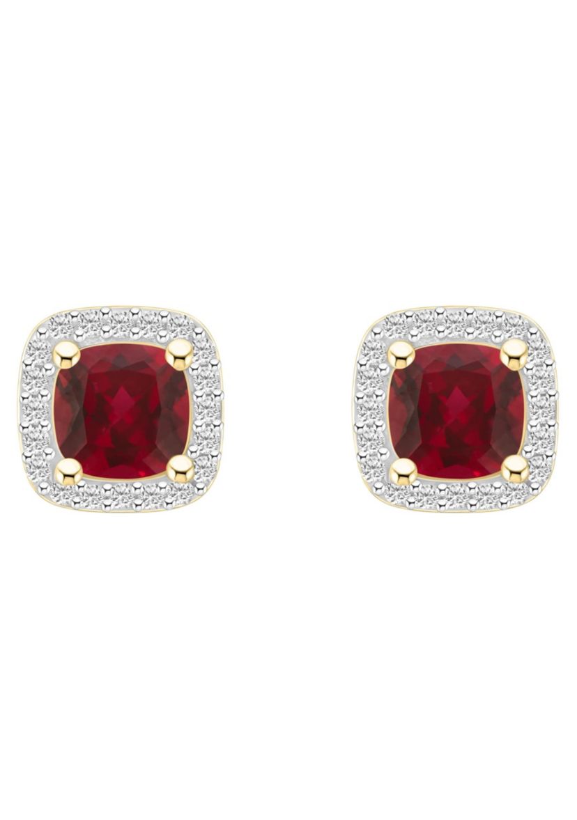 Lab Created 10K Yellow Gold 5mm Cushion Created Ruby & Created White Sapphire Halo Stud Earrings