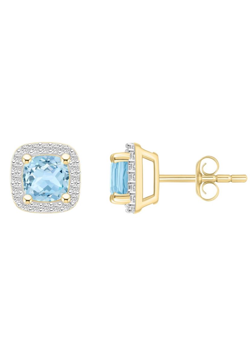 Lab Created 10K White Gold 5mm Cushion Simulated Aquamarine & Created White Sapphire Halo Stud Earrings
