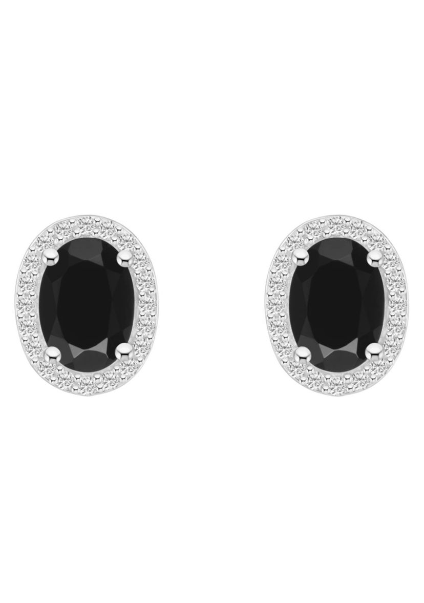 10K White Gold 7x5mm Oval Black Onyx & Created White Sapphire Halo Stud Earrings