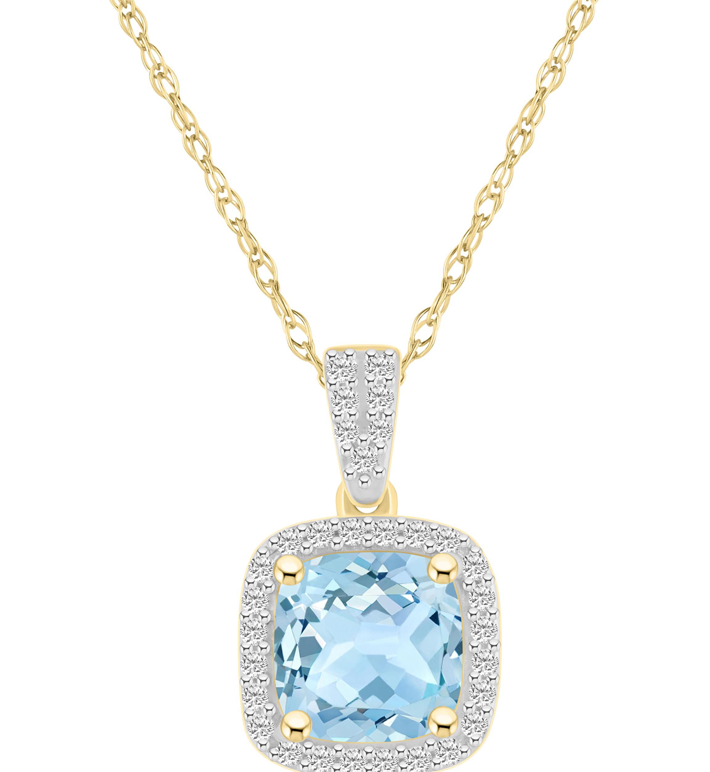 Lab Created 10K White Gold 7mm Cushion Simulated Aquamarine & Created White Sapphire Halo Pendant Necklace